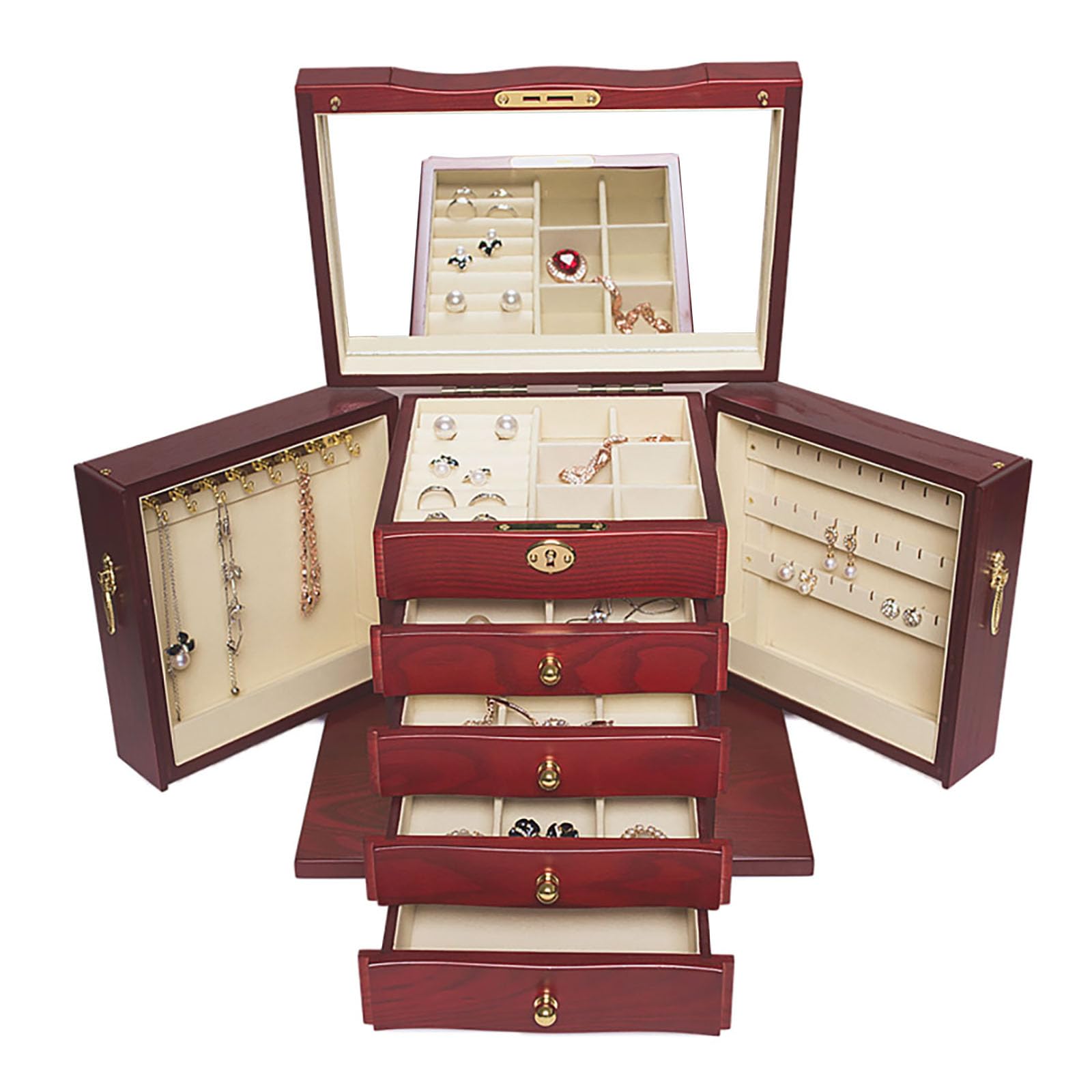 EAmrfvqt Jewellery Box, Multicolor Wooden Jewelry Box 5 Layer with 4 Drawe, Lock and Mirror for Necklaces(B)