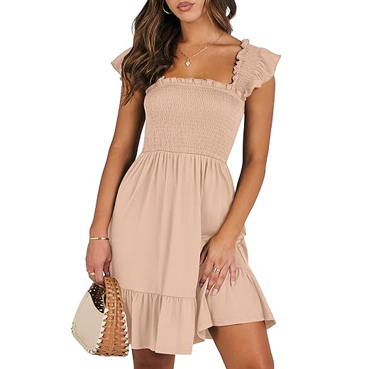 ANRABESS Women's Summer Casual Sleeveless Square Neck Dress 2025 Smocked Ruffle Backless Boho Beach Cute Teen Short Sundress