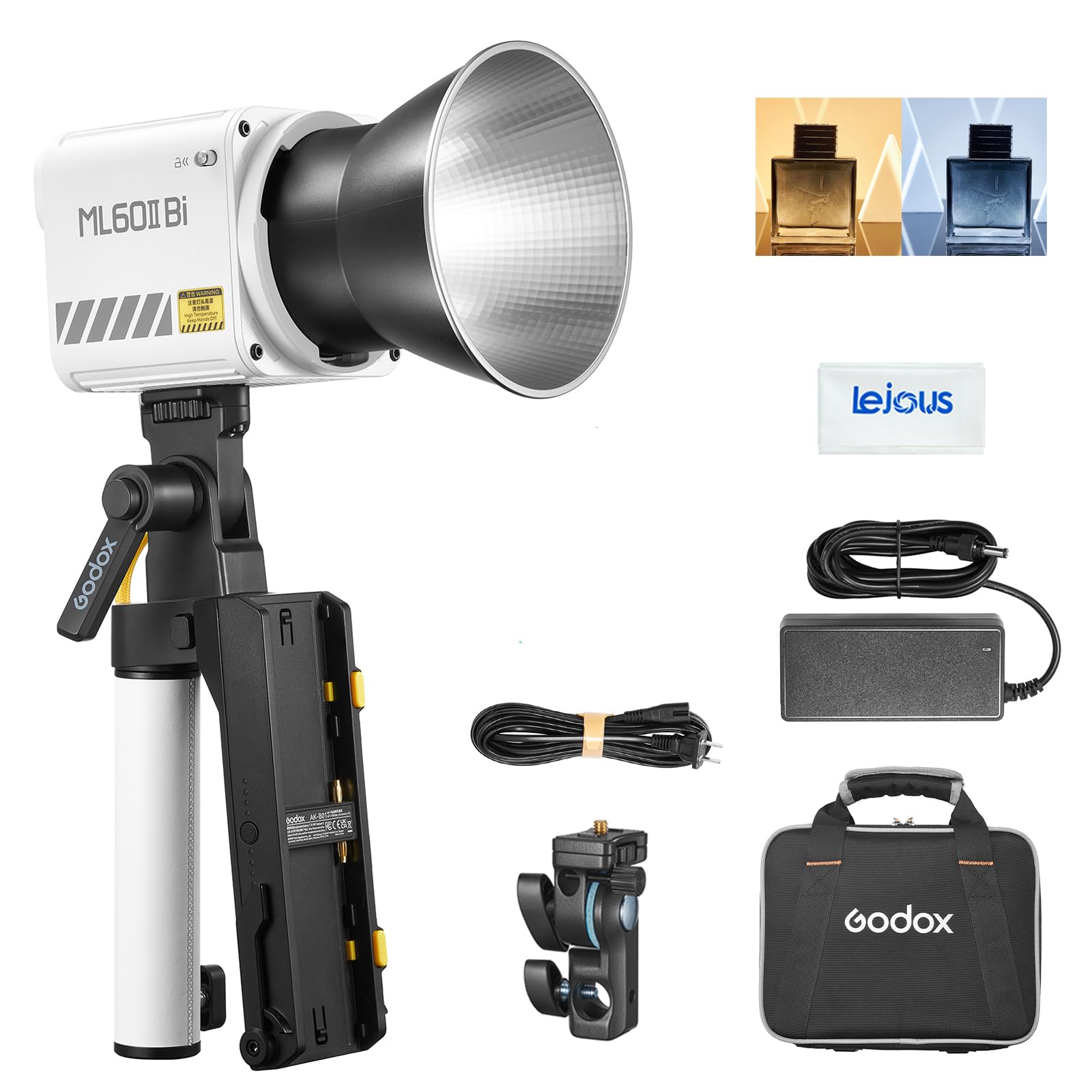 Godox ML60IIBi LED Light Kit, 70w Bi-Color LED Monolight with AK-B01 Battery Handgrip, 2800K-6500K CRI 96+/TLCI 97+ Handheld COB LED Video Light, 11 Lighting Effects, Quiet Fan