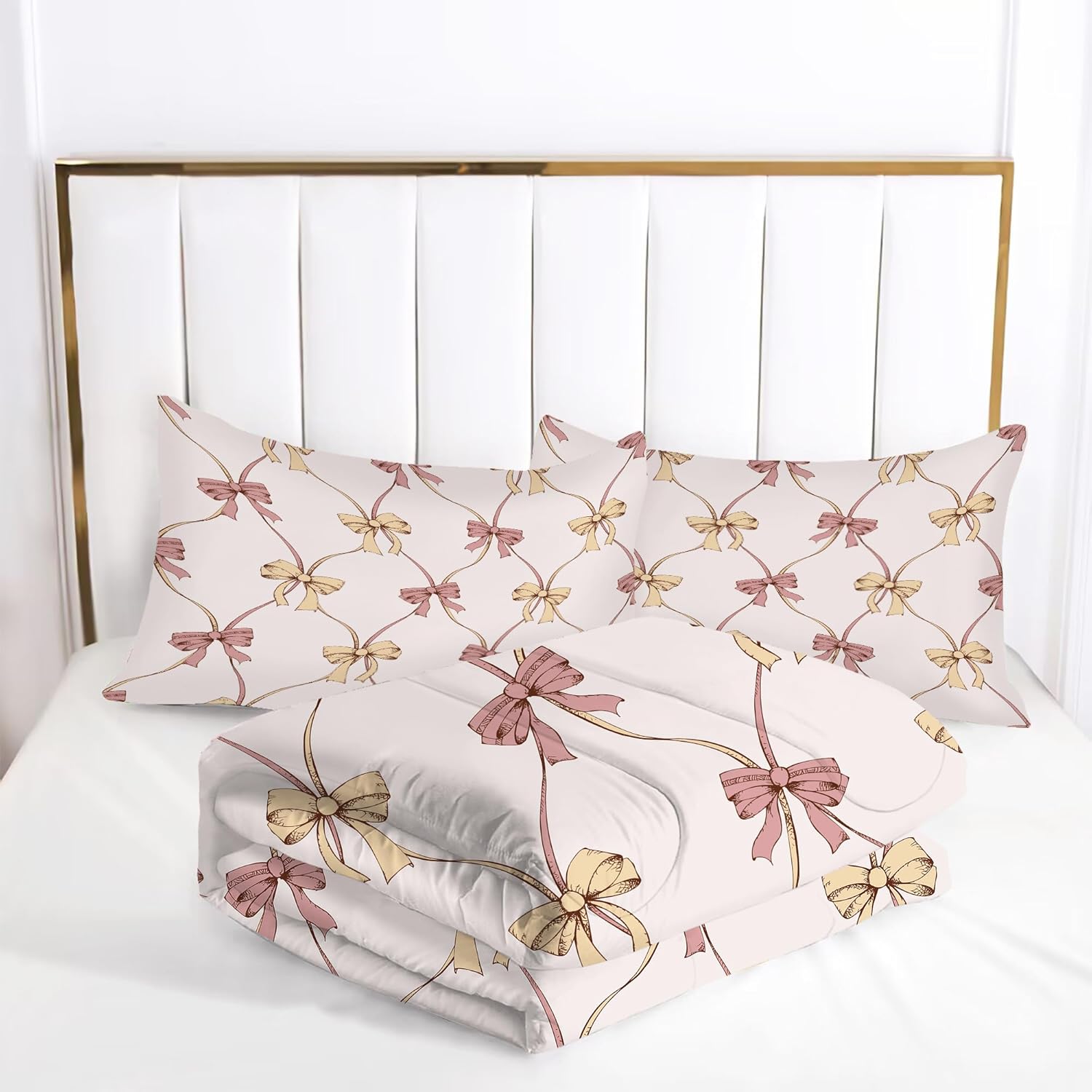 Pink and Beige Bows Comforter Set Queen Size Coquette Ribbon Bedding Set Grid Bowknot Soft Microfiber Quilt Bed Sets for Teen Girls Women Adults Bedroom Dorm Decor, 3 Piece
