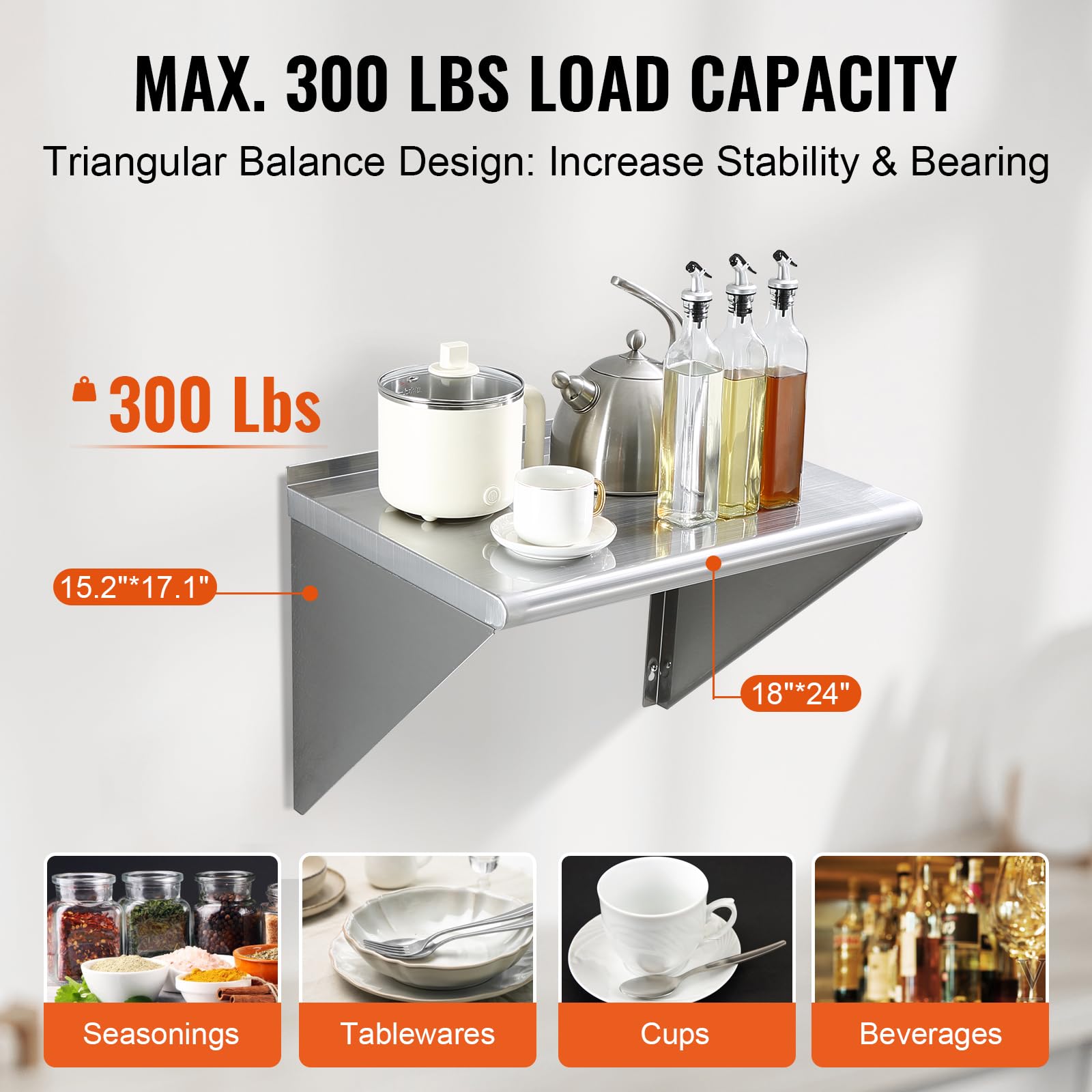 VEVOR Mensola da Parete in Acciaio Inox 610 x 305 x 63 mm Scaffale Murale per Cucina Bagno Soggiorno Capacità Carico Max. 136kg, Mensola da Parete Portaoggetti Portaspezie in Acciaio Inox per Cucina