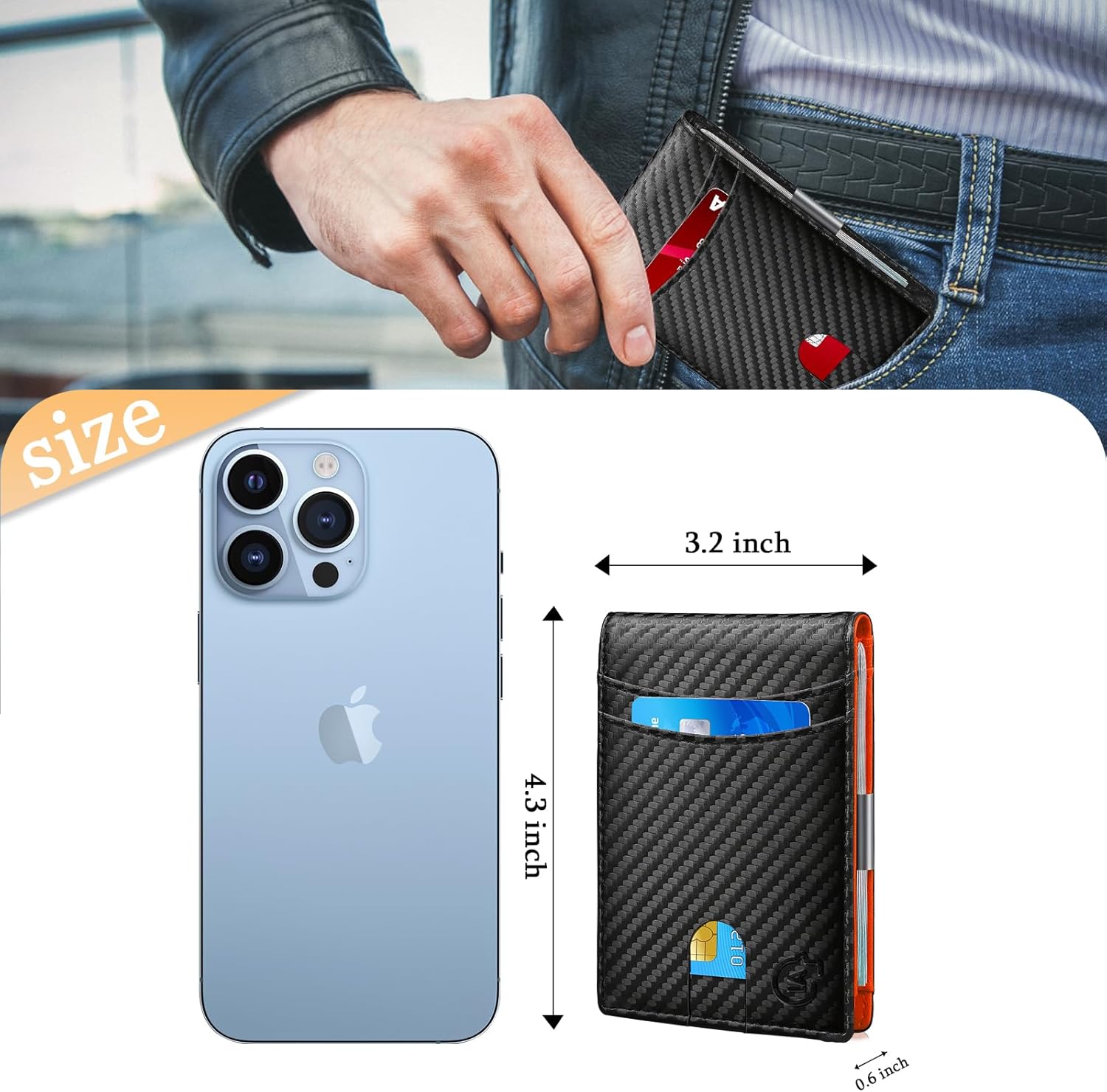 Smart Tracker Wallet for Men,Compatible with Android or Ios, Mens Wallet GPS Tracker Card Holder With Men Gift for Christmas. (Carbon Black) (Android or iOS, Black+Orange)
