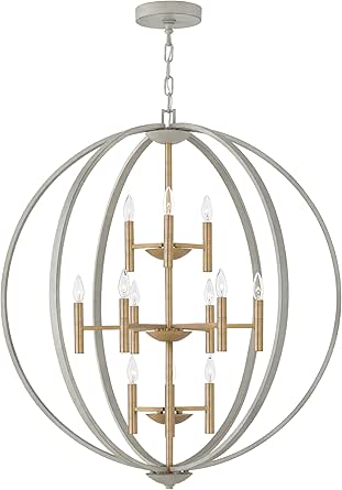 Hinkley Euclid Twelve Light Three Tier Orb Chandelier, Modern, Vintage Filament Bulbs, Cement Gray w/Brushed Gold Accents