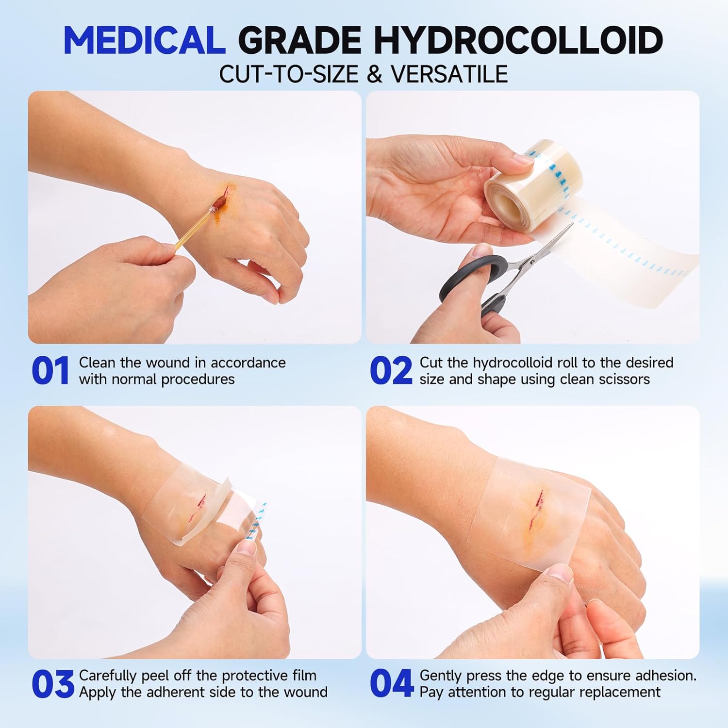 Hydrocolloid Roll for Wound Care - Medical Grade Self-Adhesive Gel Bandages, Ultra Absorbent & Waterproof Bandage, DIY Cut-to-Size First Aid Supply (2in×10ft) - Image 4