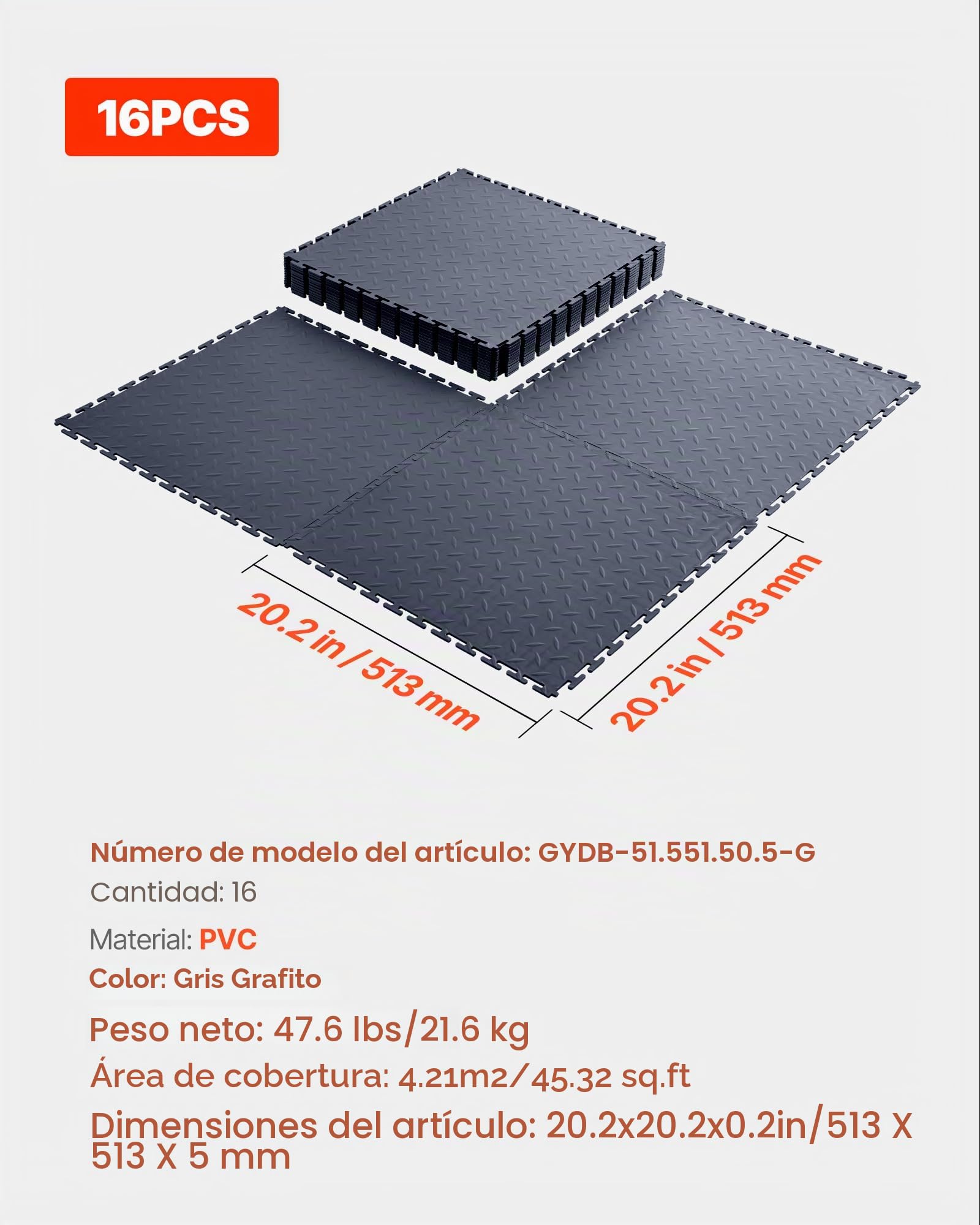 VEVOR Suelo de PVC Antideslizante para Garaje, Paquete de 16 Unidades de 513 x 513 x 5 mm, Instalación por Clic, con Patrón de Diamante para Taller, Almacén, Cuarto de Herramientas, Gris Grafito