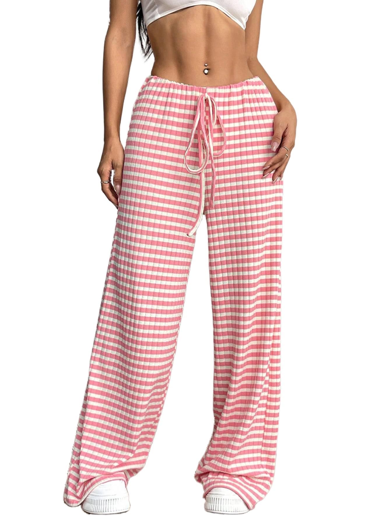 Women's Casual Checkered Pants Drawstring Elastic Waist Comfy Loose Straight Wide Leg Plaid Pants with Pockets