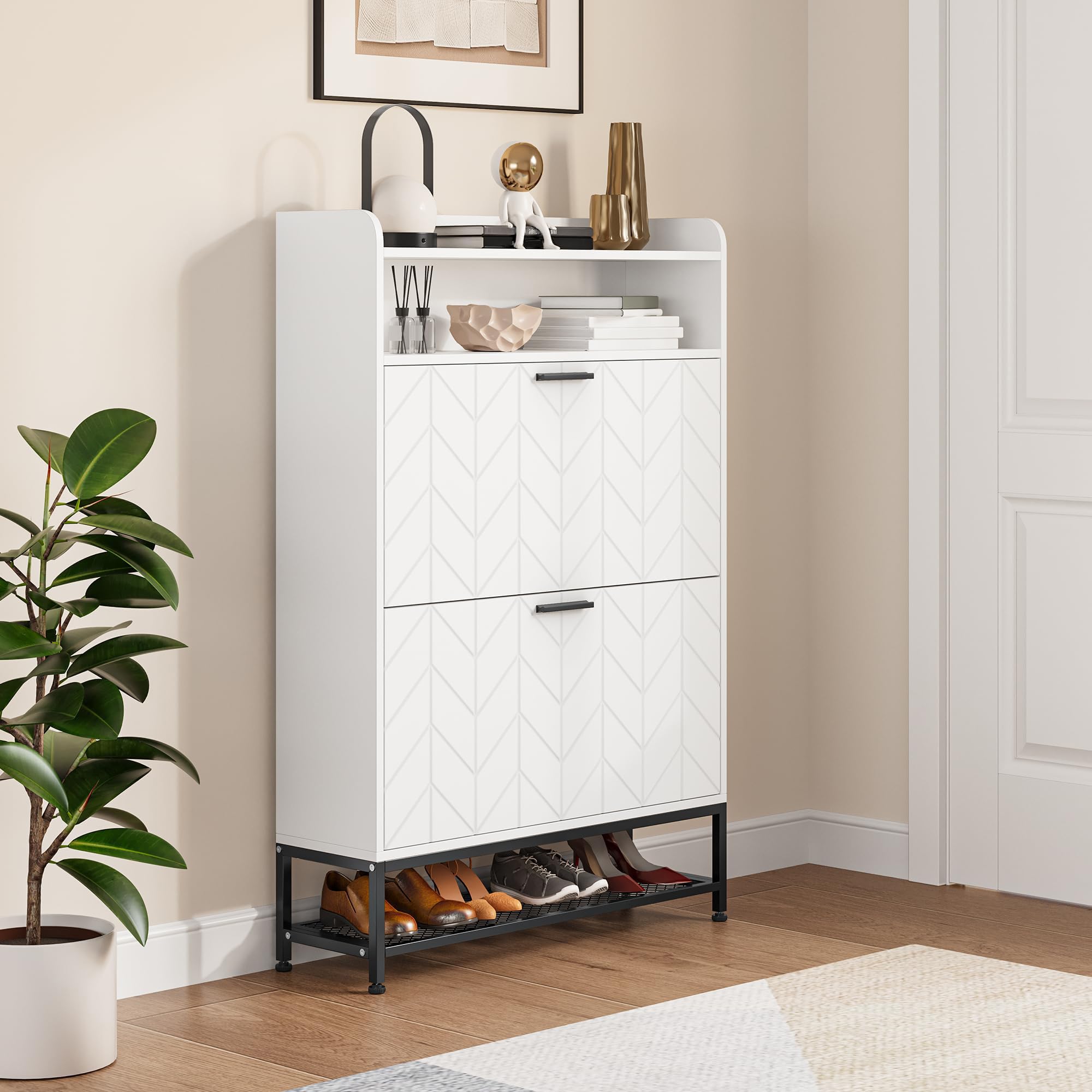 YITAHOME Armarios para Zapatos con 2 cajones abatibles, Gabinete de Zapatero Independiente con estantes Abiertos y Patas de Metal, Mueble Zapatero para Sala de Estar, Entrada y Pasillo