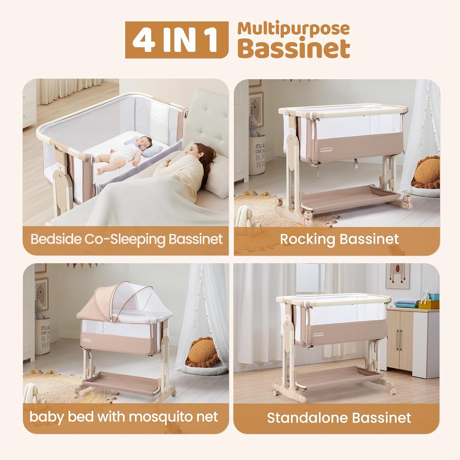 Collage showing the bassinet in four modes: bedside co-sleeping, rocking, baby bed with mosquito net, and standalone bassinet.