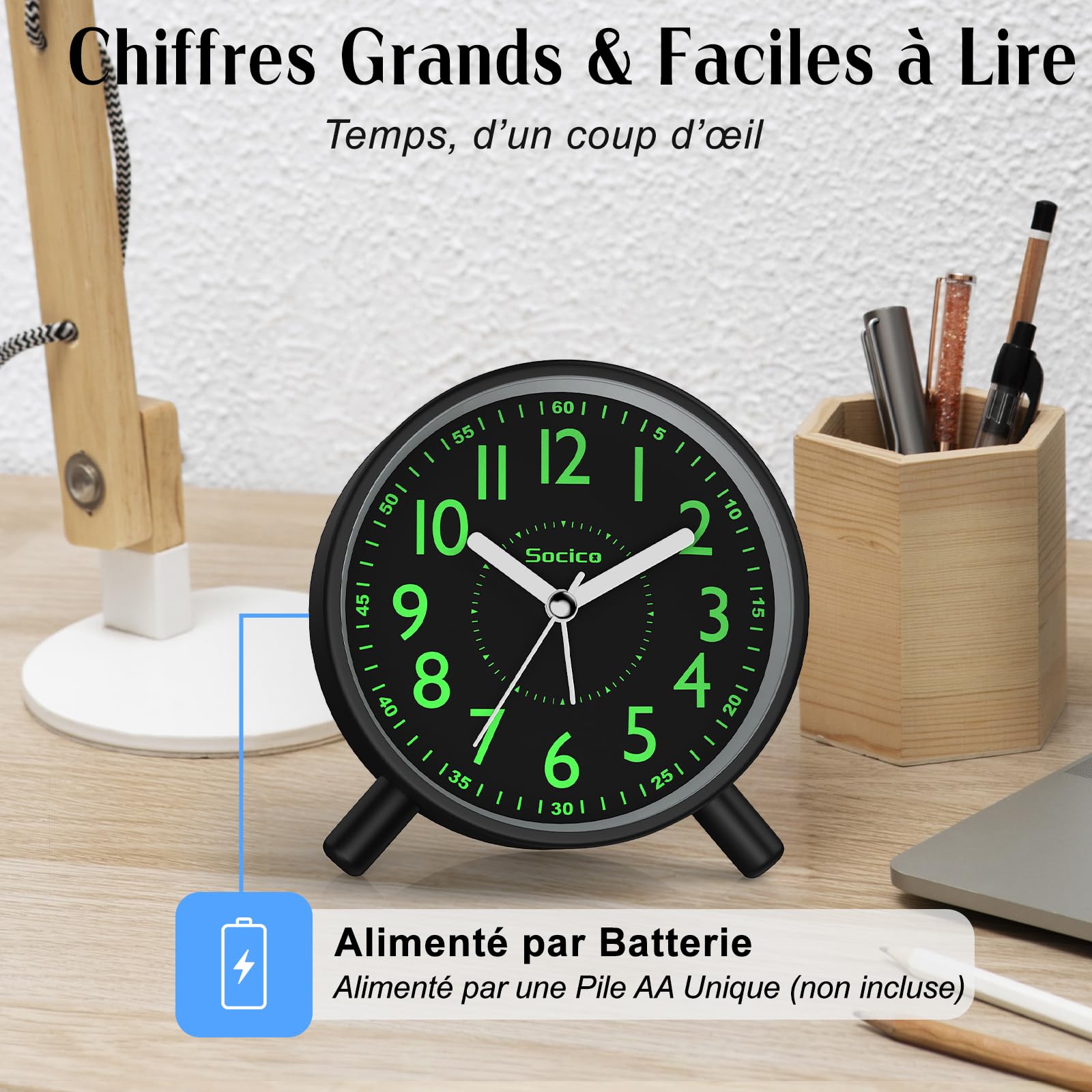 SOCICO Réveil Analogique Horloge de Chevet Rétro Ronde Métal Piles Veilleuse Fonction Snooze Noir