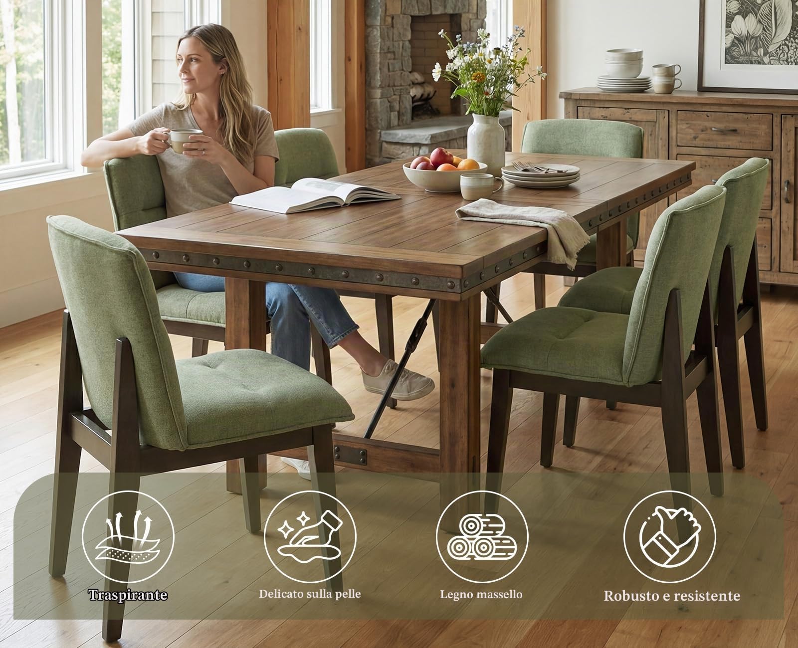 chairus 4 PZ Sedie Cucina in Tessuto con Gambe in Legno, Verde