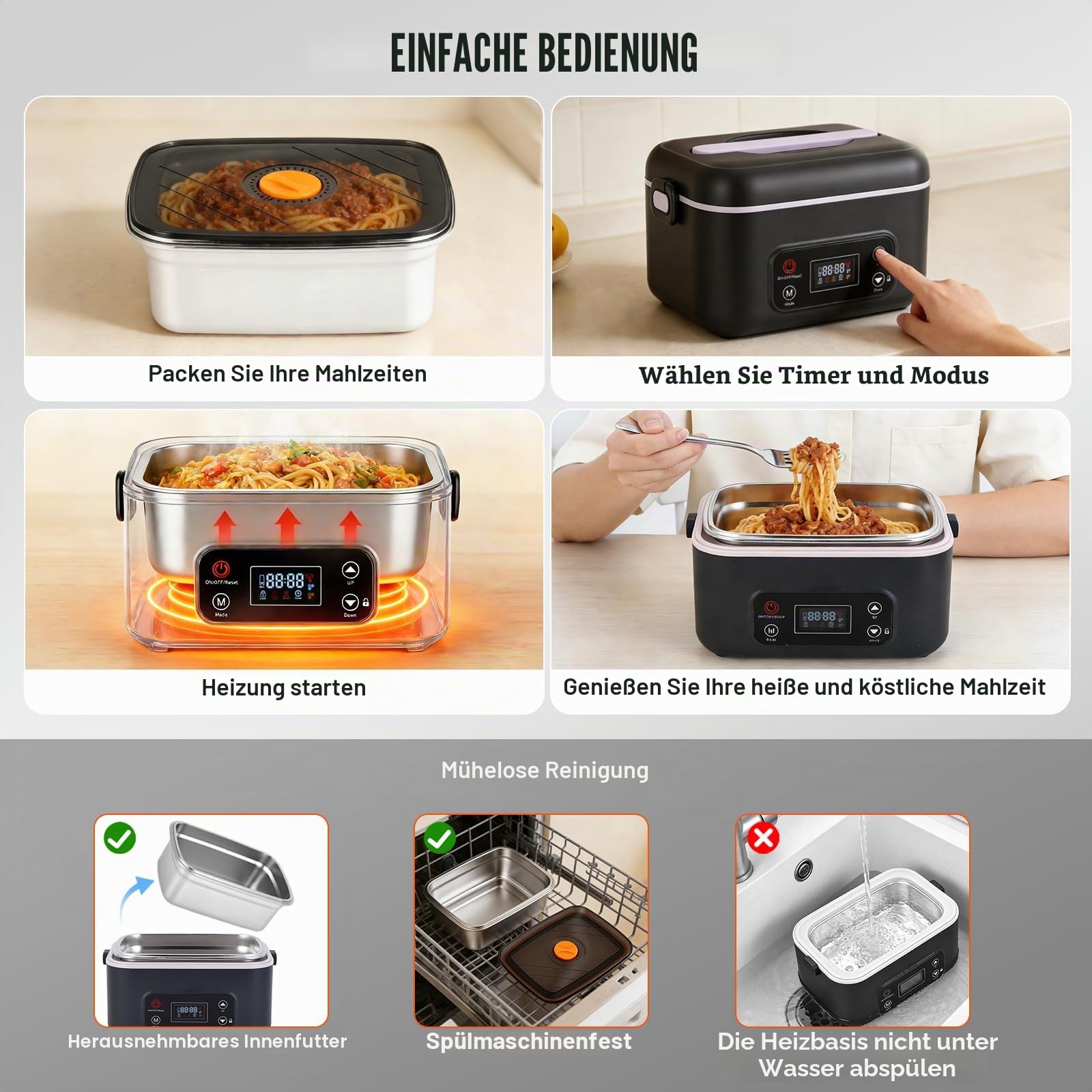 Elektrische Lunchbox mit 100W Rundum-Heizung, 24000mAh Akku, Temperatursteuerung (80–105°C), Timer & Warmhaltefunktion, 1300ml Edelstahl-Behälter, auslaufsicher – Ideal für Arbeit, Baustelle, Büro