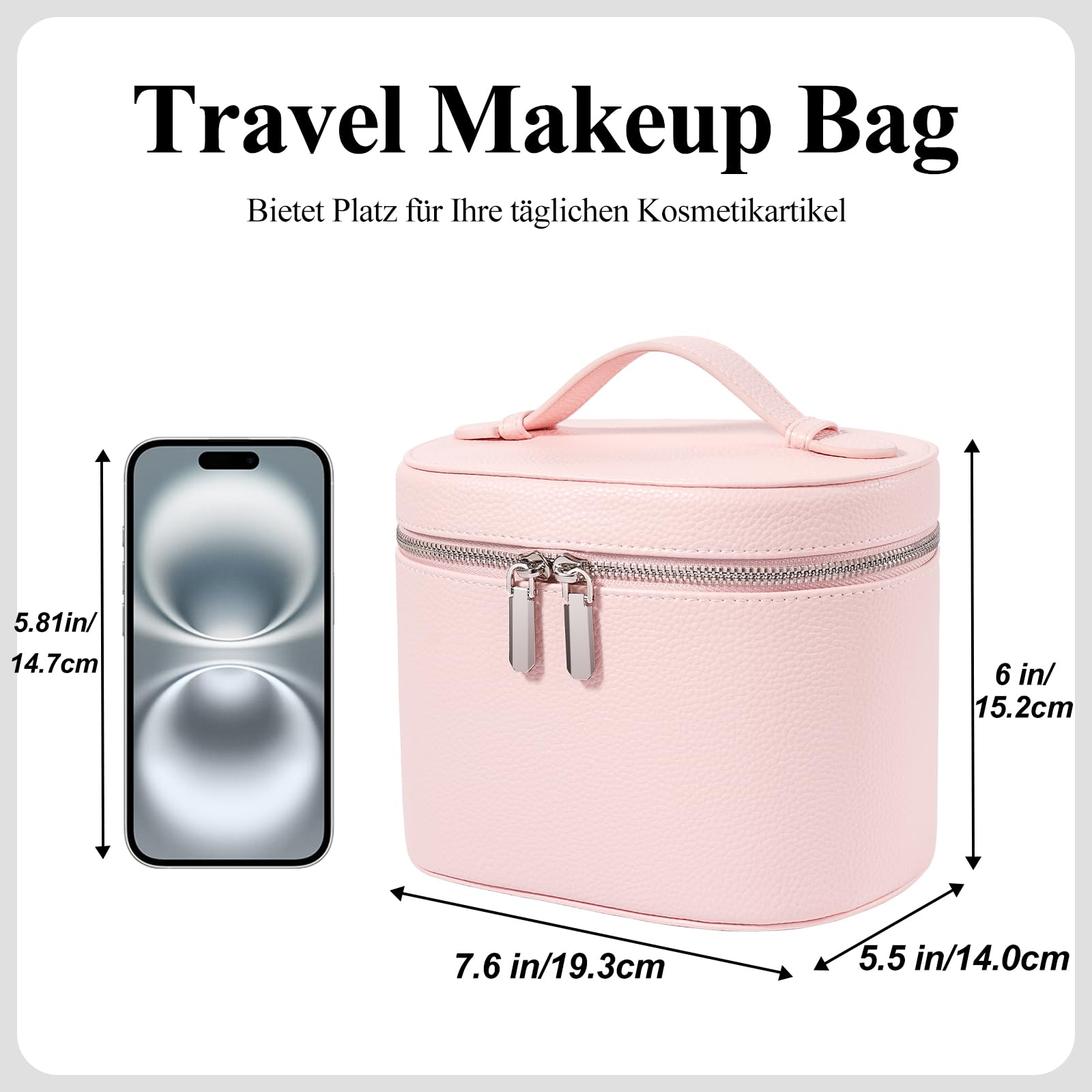 Bolsa de cosméticos para mujer, bolsa de maquillaje para mujeres, estuche de cosméticos de viaje de cuero rígido, neceser de maquillaje, bolsa de maquillaje de viaje con compartimentos y asa, Rosa