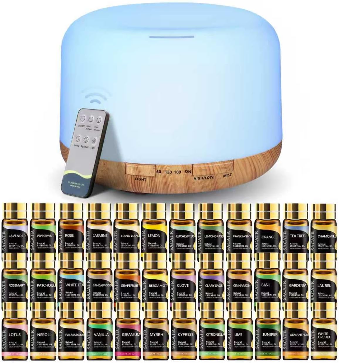 SACATR 500ml Essential Oil Diffuser with 15 Essential Oils, Ultrasonic Cool Mist Humidifier, Remote Control, 4 Timers, 15 Color Lights, Auto Shut-Off