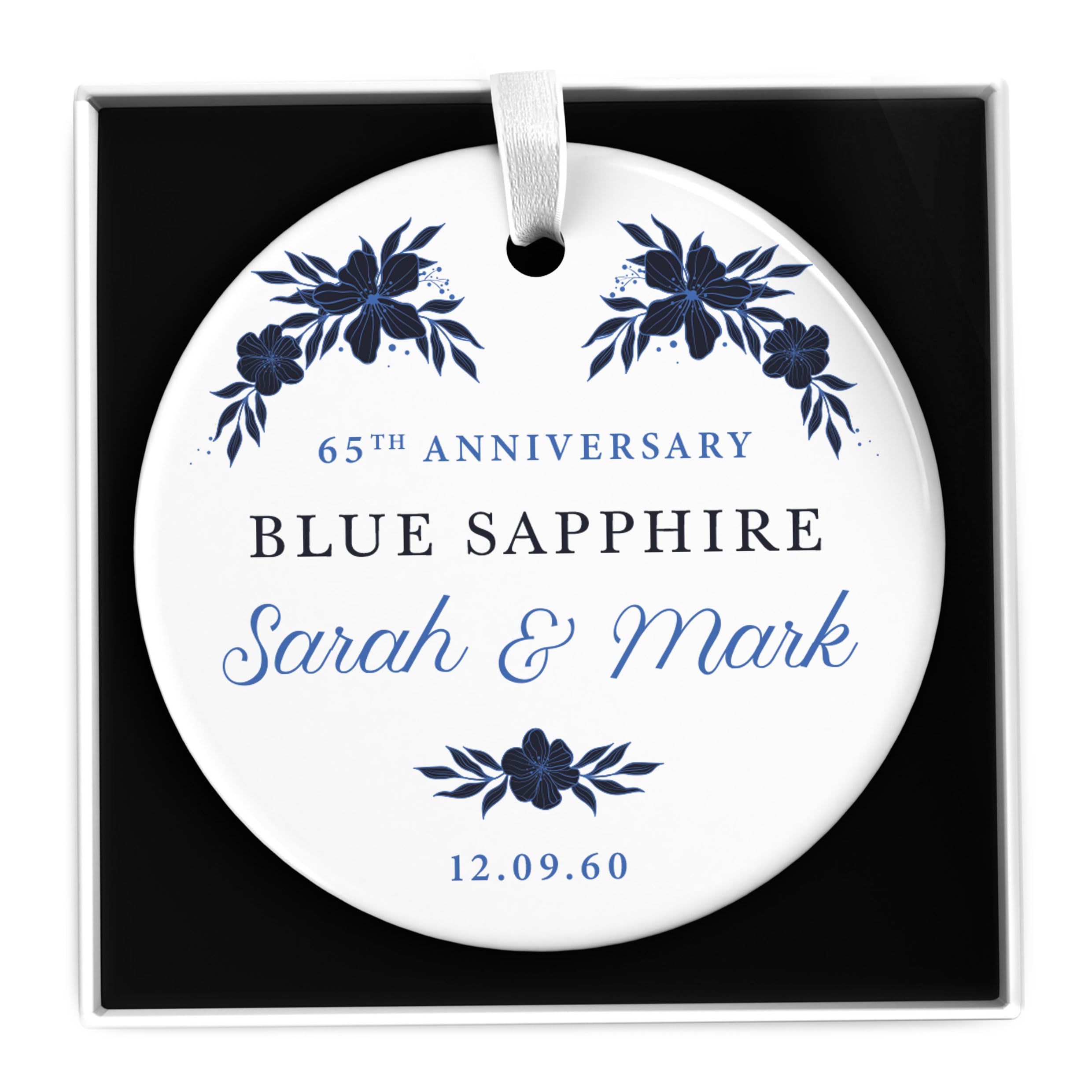 Beecreative Personalised 65th Wedding for Mum Dad Grandparents - Blue Sapphire 65 Years Anniversary Present Keepsake - Ceramic Ornament With Gift Box