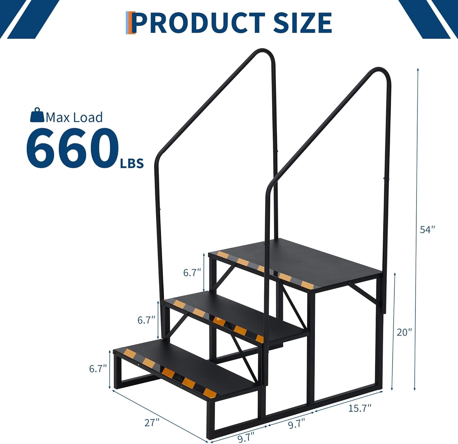 RV Steps with Handrails, 3 Step RV Stairs 660 Lbs Load Capacity,Portable Stairs Steps Steel Travel Trailers Ladder Step Ladder with Anti-Slip Panel, Mobile Home Stairs for Travel Trailers