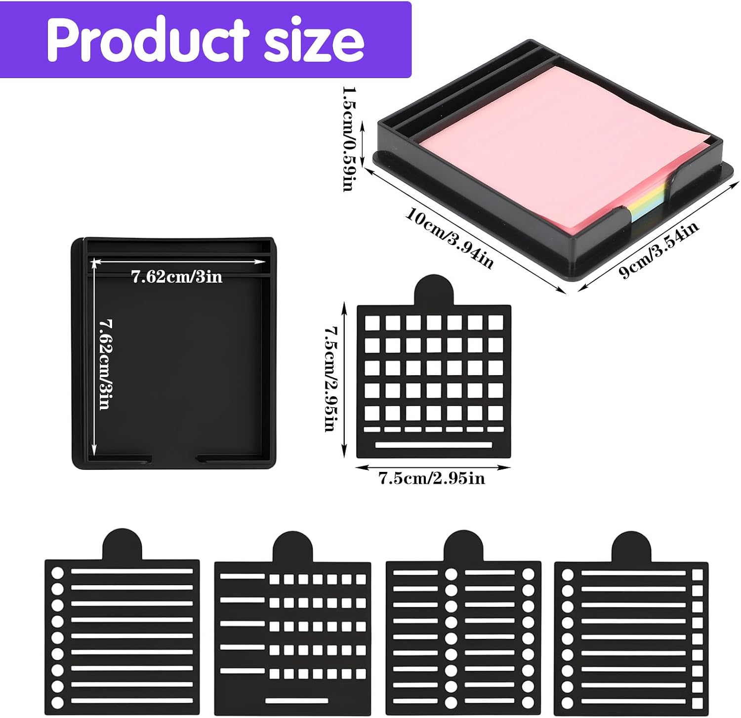 Sticky Note Holder with 5 Interchangeable Stencils, 3x3 Inch Sticky Note Stencil, Reusable Notes Organizer Case, Desk Versatile Notes Dispenser for Office Desk Home Organization Planning List