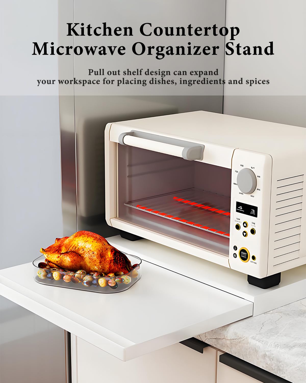 Ripiano Estraibile per Microonde, Mensola Cucina Scorrevole da Appoggio, Supporto Microonde in Acciaio al Carbonio con Maniglia, Organizzatore Bianco Countertop Microwave Organizer