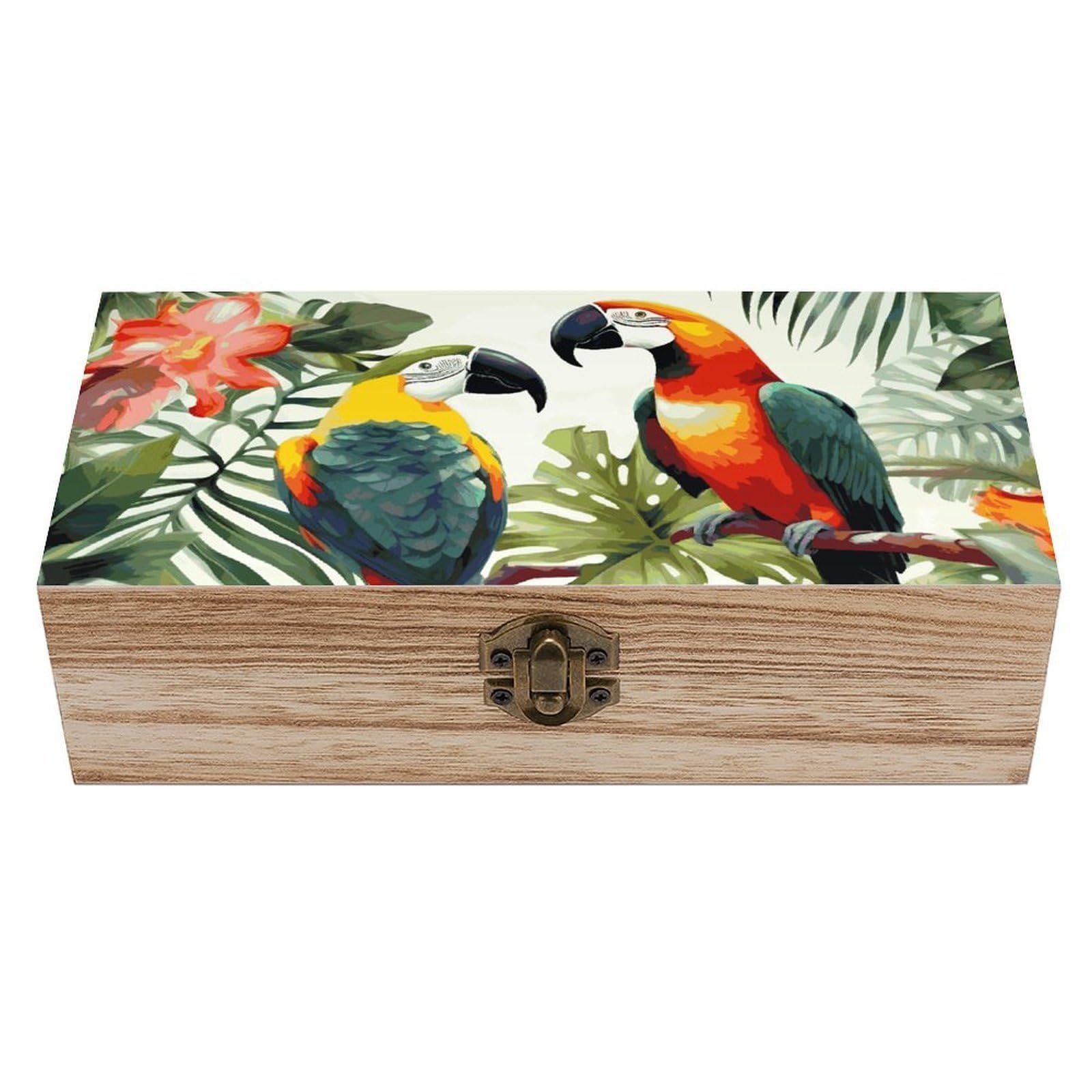 Toucans Parrot Palm Tree Leaves Wooden Storage Box Exquisite Durable Wood Gift Case Sturdy Vintage Jewelry Wooden Chest for Art Hobbies Storage Keepsake Gift
