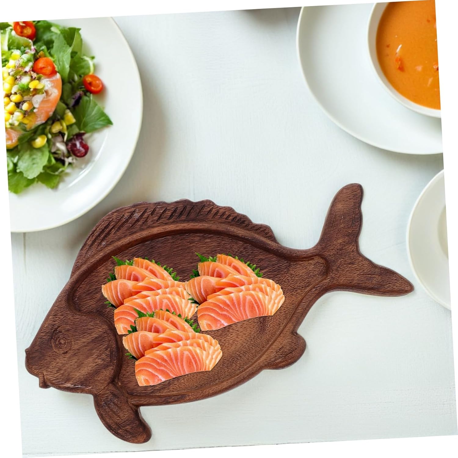 OHPHCALL 胡桃木製魚形サービングプラッター 耐久性 コンパクトデザイン 多用途寿司ボート前菜盛り付けトレイ キッチンパーティ