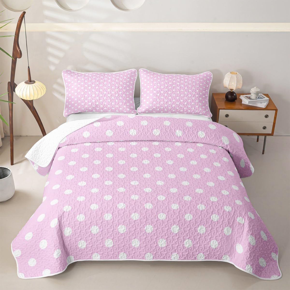 Polka Dot Quilt Set Twin Size, Cute Simple Geometric Dots Beding Quilted Set 2pcs, Lilac White Cartoon Bedspread Coverlet with 1 Pillow Sham, Kids Boys Girls Room Decor