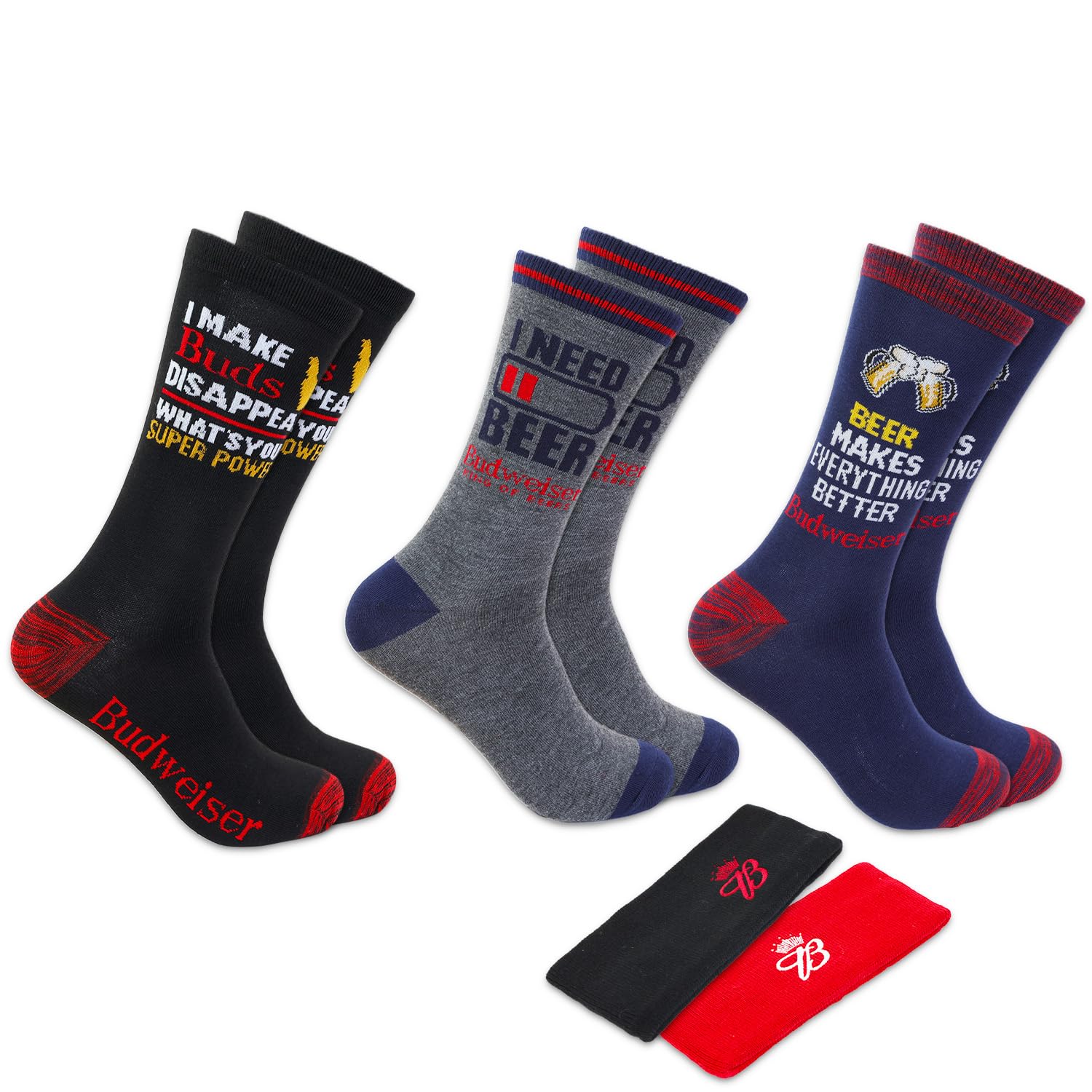 BudweiserAccessories Bundle - 3 Pairs Socks & 2 Headbands | Men's Gifts