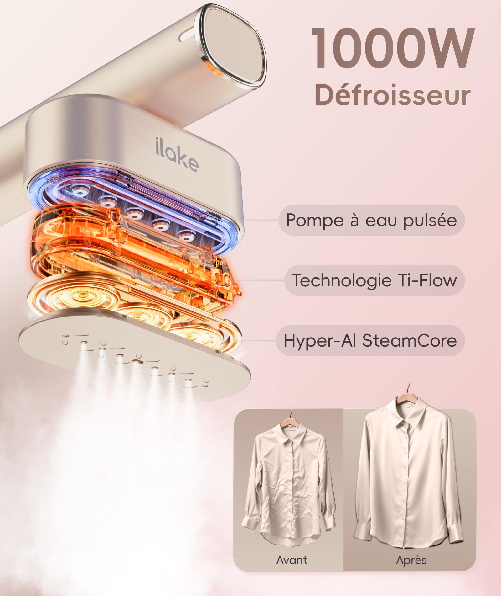 Défroisseur vapeur portable 2 en 1 pour vêtements, 100-240 V, double tension, réservoir d'eau de 1000 W et 120 ml, or rose
