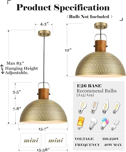 Miniatura 3 de ELYONA Lámpara colgante martillada grande de 16 pulgadas, lámpara colgante de cúpula vintage de madera de fresno, lámpara colgante de metal dorado
