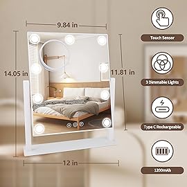 SLIMOON Lighted Makeup Mirror, 14x 12 Hollywood Vanity Mirror with 9 LED Bulbs, 3 Color Lights, and Detachable 10X Magnification Mirror, 1200mAh Rechargeable, Touch Control, 360Rotation (White)