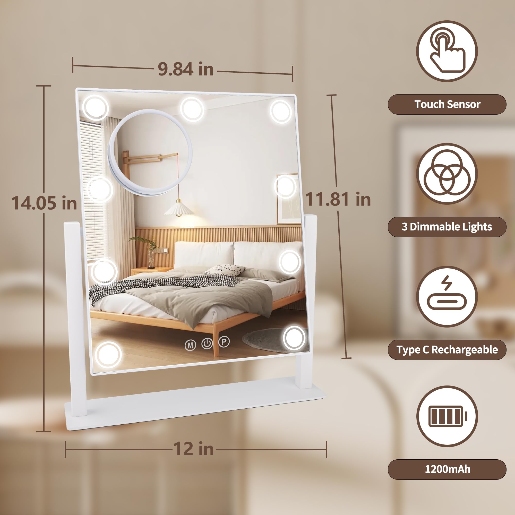 Miroir de maquillage éclairé, miroir de courtoisie Hollywood de 35,6 x 30,5 cm avec 9 ampoules LED, 3 lumières de couleur, miroir grossissant x10 amovible, rechargeable 1200 mAh, contrôle
