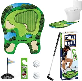 Toilettengolf Geschenk Set, Mini Töpfchen Golf Set mit Skalierbar Golfschläger, Puttingmatte, 2 Golfbälle und Türhänger, Mini Golf Männergeschenk Lustig für Badezimmer, Toiletten Spiel