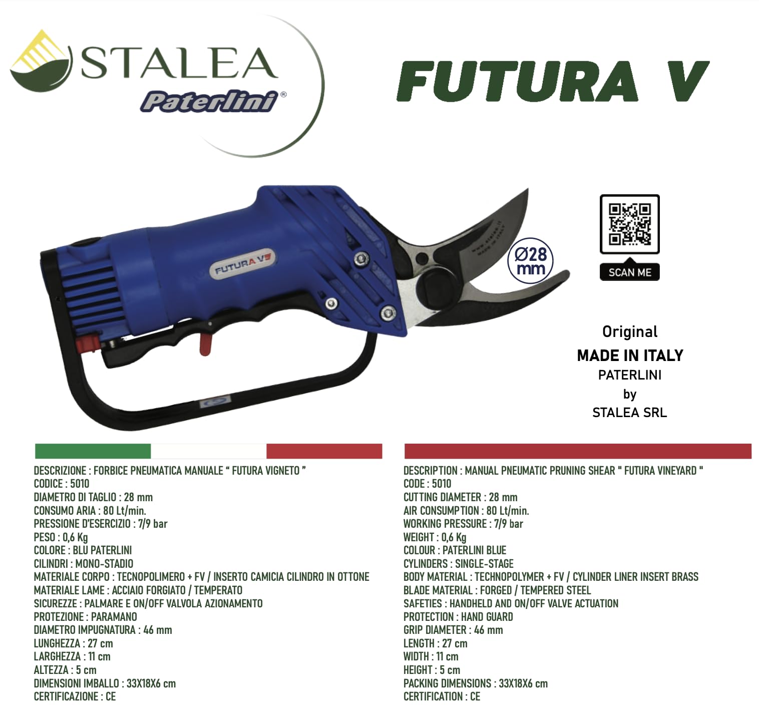PATERLINI Forbici Potatura Pneumatica, Potatura ad Aria Compressa - Forbice Pnuematica - Cesoie Pneaumtiche per Potatura Facile e Taglio Rami senza fatica - Cesoie Giardinaggio (Futura V)