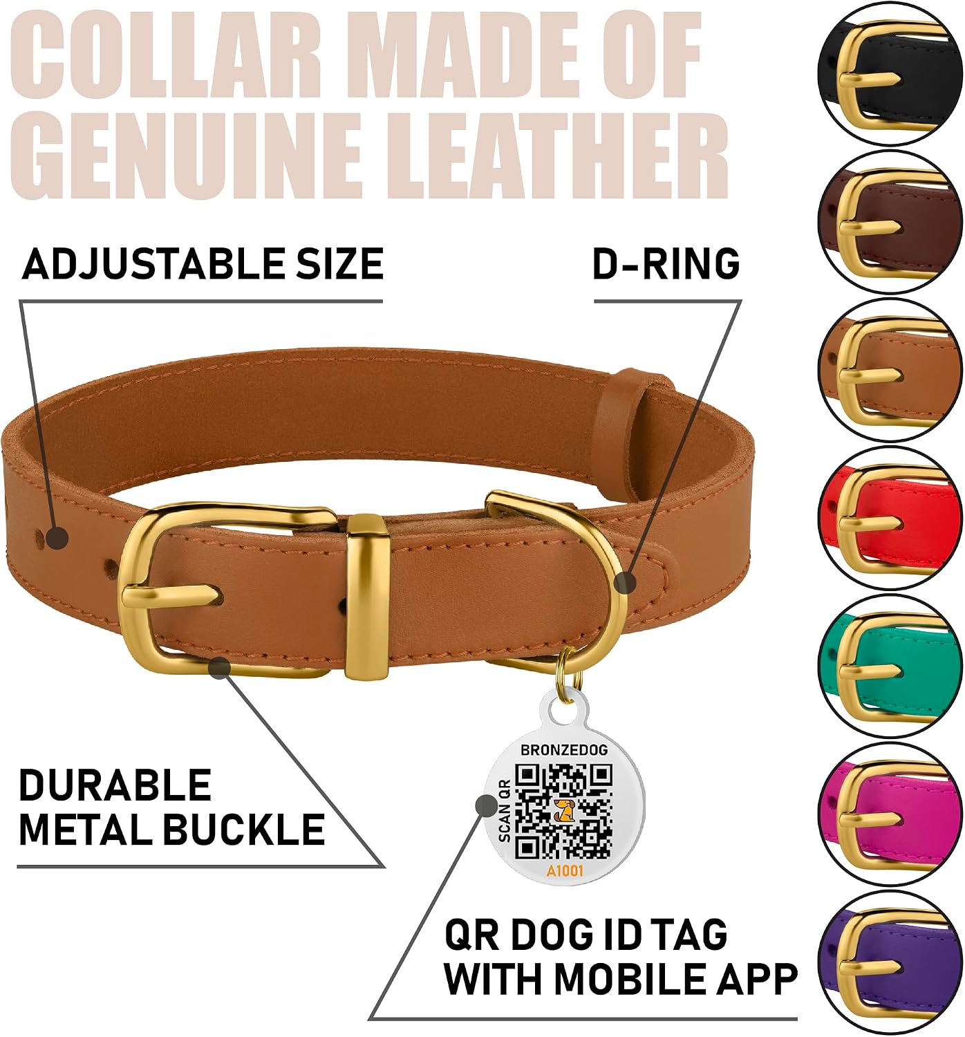 BRONZEDOG Leather Dog Collar with Metal Buckle Durable Basic Pet Collars for Small Medium Large Dogs (14-17 Inch (Pack of 1), Light Brown & Gold Buckle) image 2