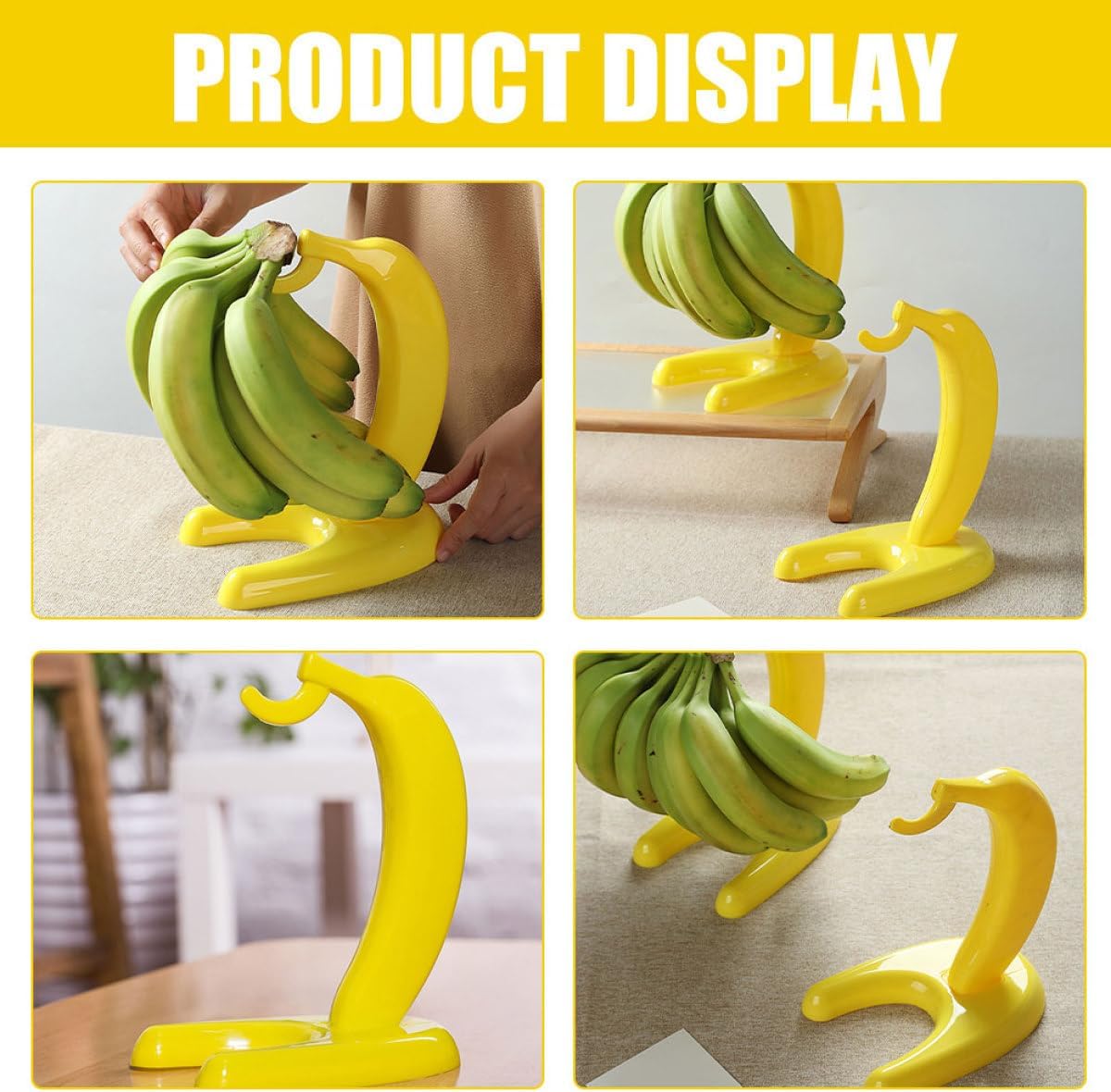 2pcs Banana Hook Hanger with Stable Base, Detachable Creative Banana-shaped Fruit Rack, Yellow Kitchen Countertop Decor under Cabinet Fruit Storage Organizer
