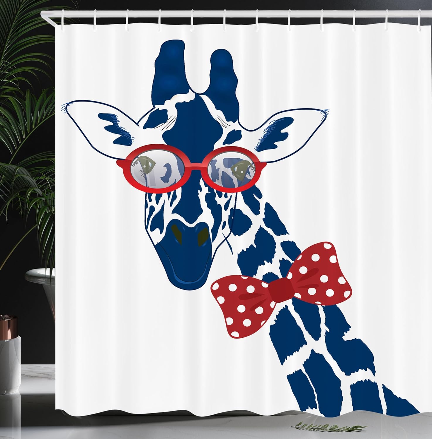Ambesonne Giraffe Shower Curtain, Hipster Animal Neck Bowtie and Nerd Glasses Cartoon Fauna Composition, Cloth Fabric Bathroom Decor Set with Hooks, 69" W x 70" L, Blue Vermilion and White