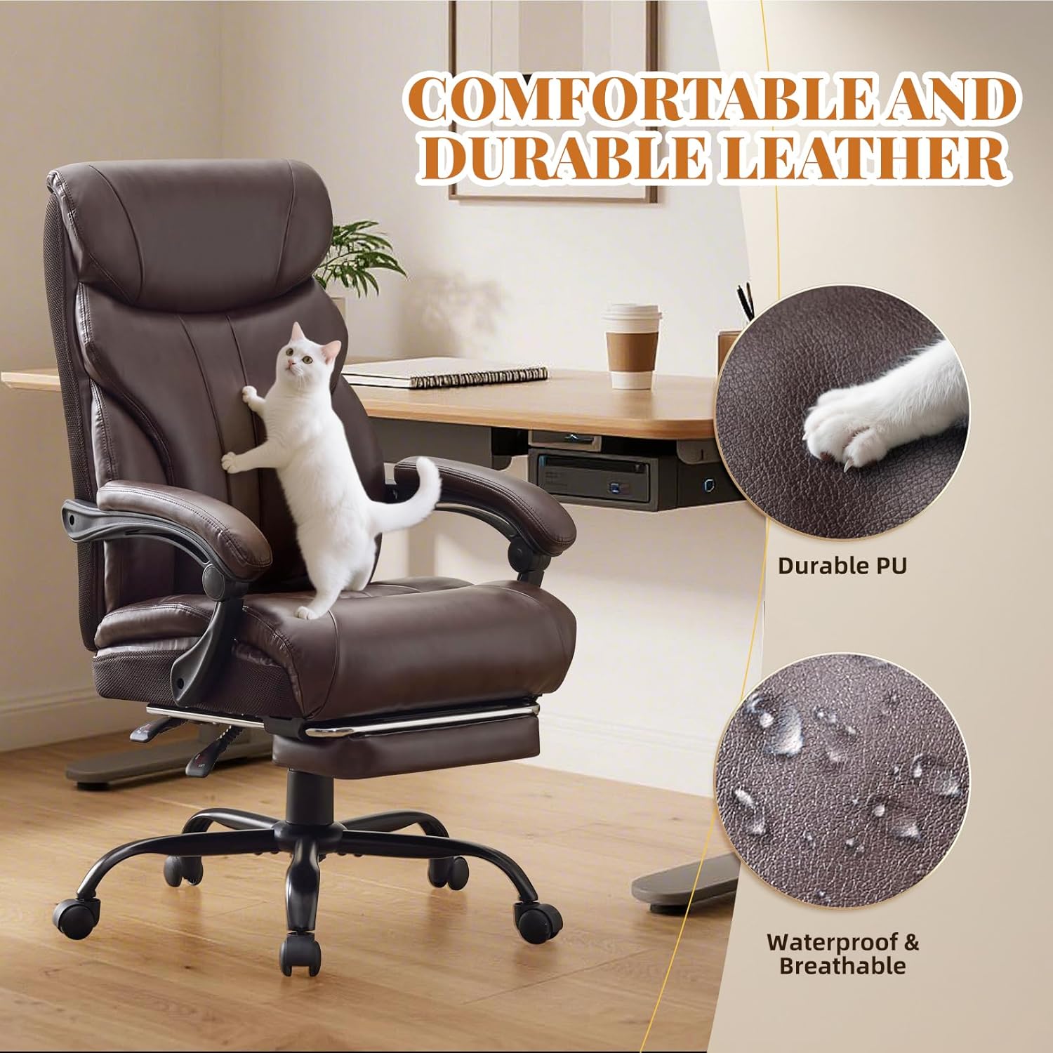 Big and Tall Office Chairs with Foot Rest,500LBS Wide Ergonomic Gaming Chair,90-155°Recline Executive Leather Computer Chairs with Adjustable Height,Coffee Color
