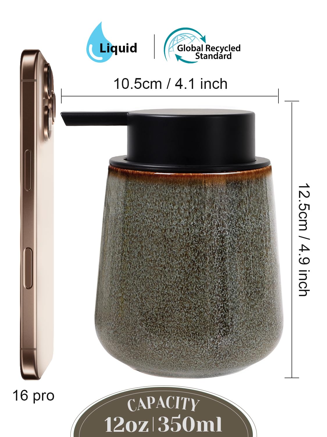 Seifenspender aus Natürlichem Porzellan Spülmittelspender, 350ml Seifenspender Steingut Soap Dispenser für Bad, Küche, Nachfüllbar Flüssigseife Spender mit Groß Pumpenkopf, Grün Braun