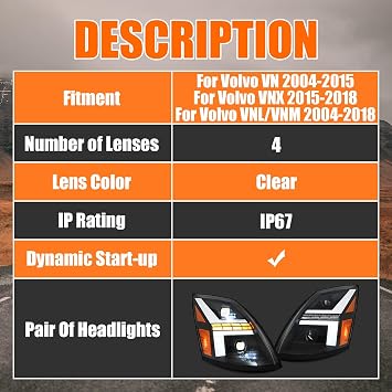 Headlights for Volvo VNL VNM 2004-2018 / VN 2004-2015 / Volvo VNX 2015-2018 Headlight Assembly with Sequential Turn Signal/Passenger & Driver Side Head Lamp
