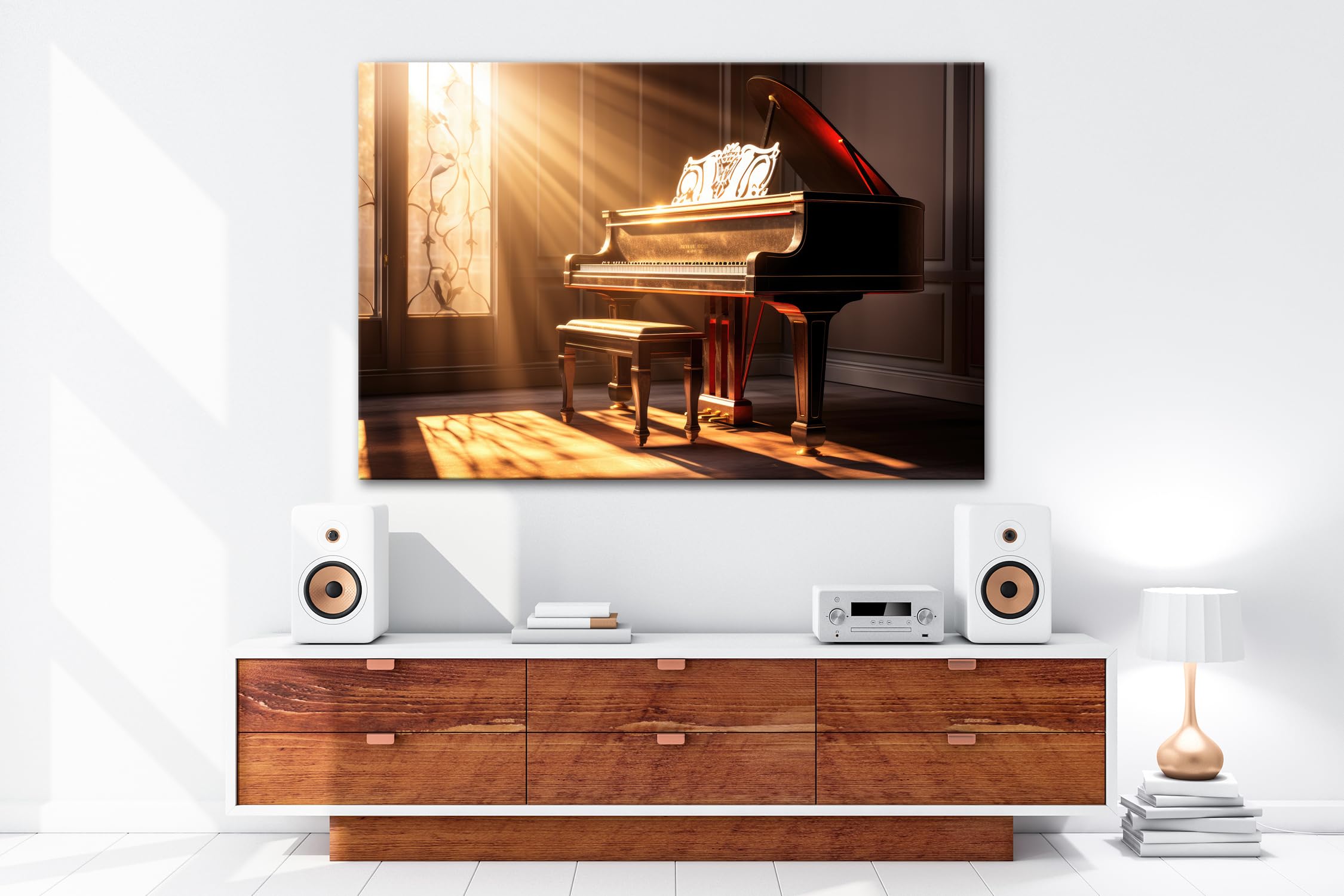 deyoli Leinwandbild Sonnenküsse auf Tasten – ein Klavier im goldenen Morgen. Format: 100x70cm XXL Kunstdruck Bild auf Keilrahmen/Wandbild/Wohnzimmer Dekoration