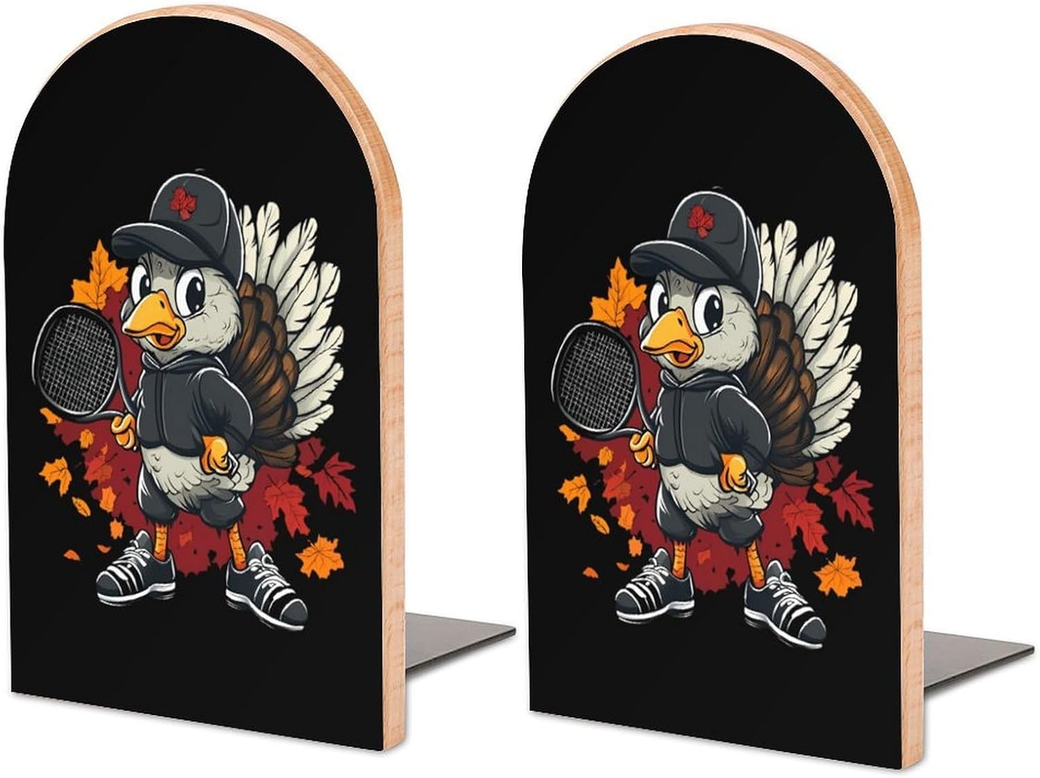 Cute Turkey Playing Tennis Cute Wood Book Ends Decorative Bookends 1 Pair Non-Skid for Shelves Home Office 7 X 5 Inch
