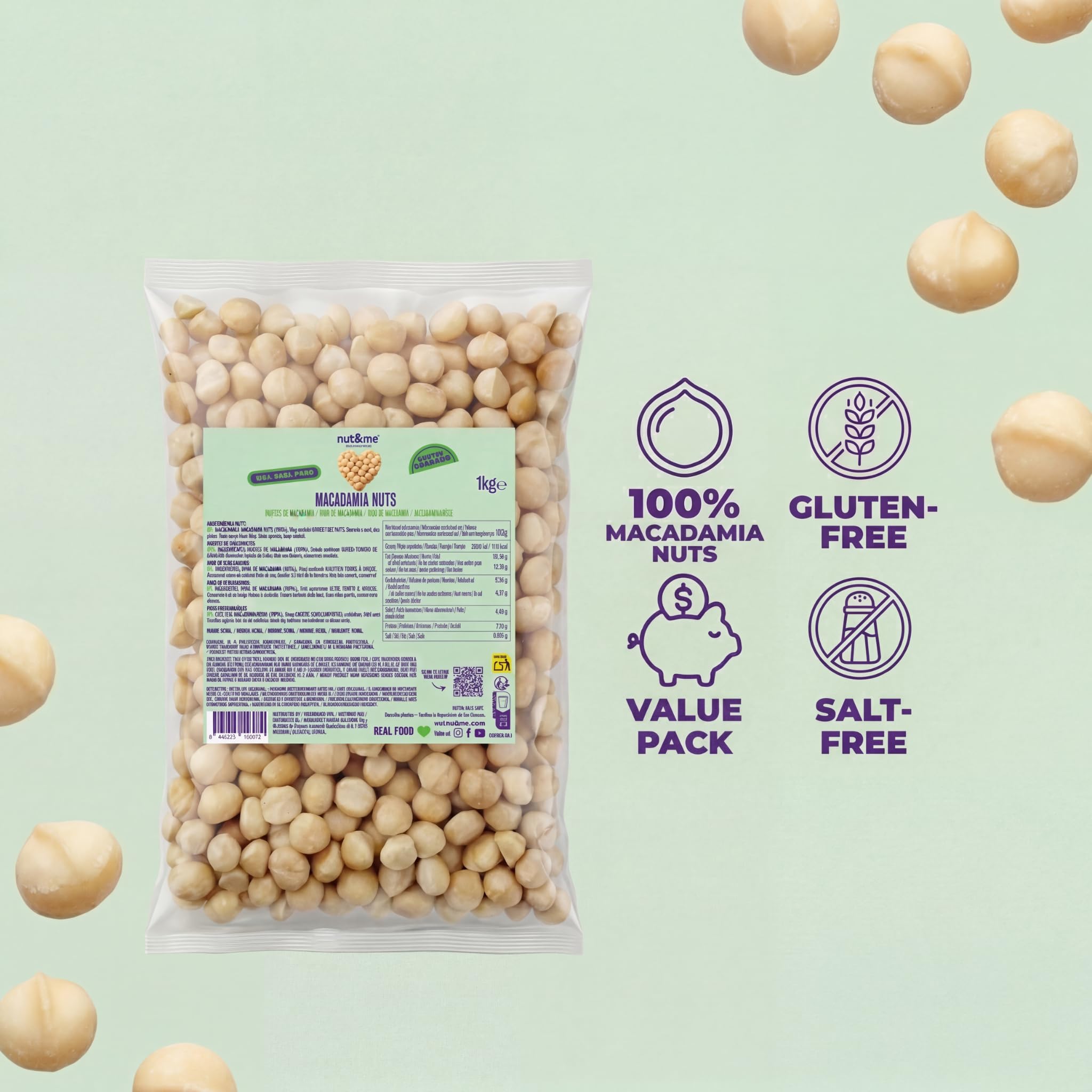 nut&me Noix de Macadamia 1 kg | Noix macadamia entières, sans coque, sans gluten ni additifs | Idéales pour snack, pâtisserie, granola, salades et recettes sucrées
