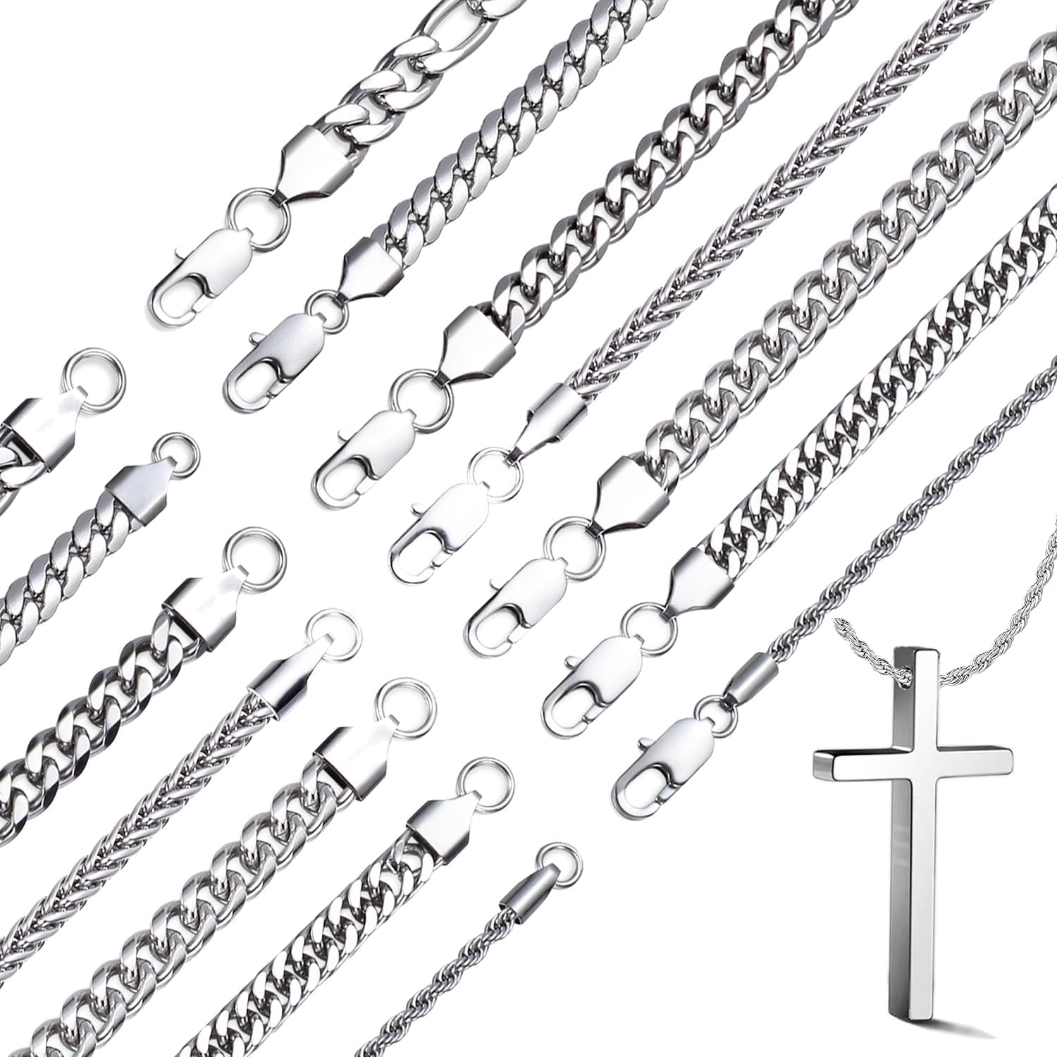 stino 7/8PCs Stainless Steel Chain Necklace Set for Men Women, Silver Tone Necklace Chains Bulk, Figaro Chain, Snake Chain, Cuban Link Chain, Rope Chain.