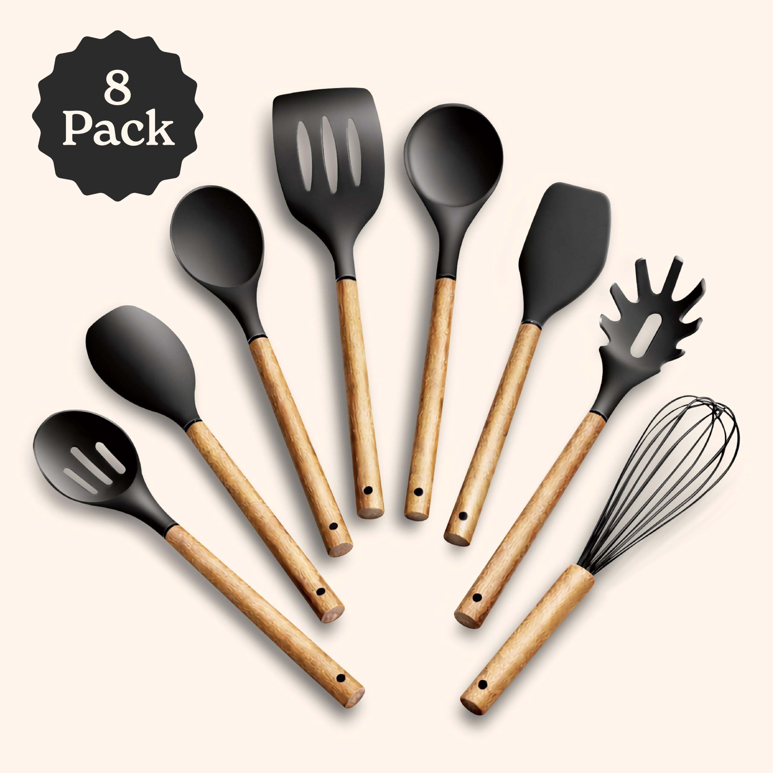 Country Kitchen Juego de 8 utensilios de cocina de silicona y madera, fáciles de limpiar, para utensilios antiadherentes y antirayones, perfecto para regalos