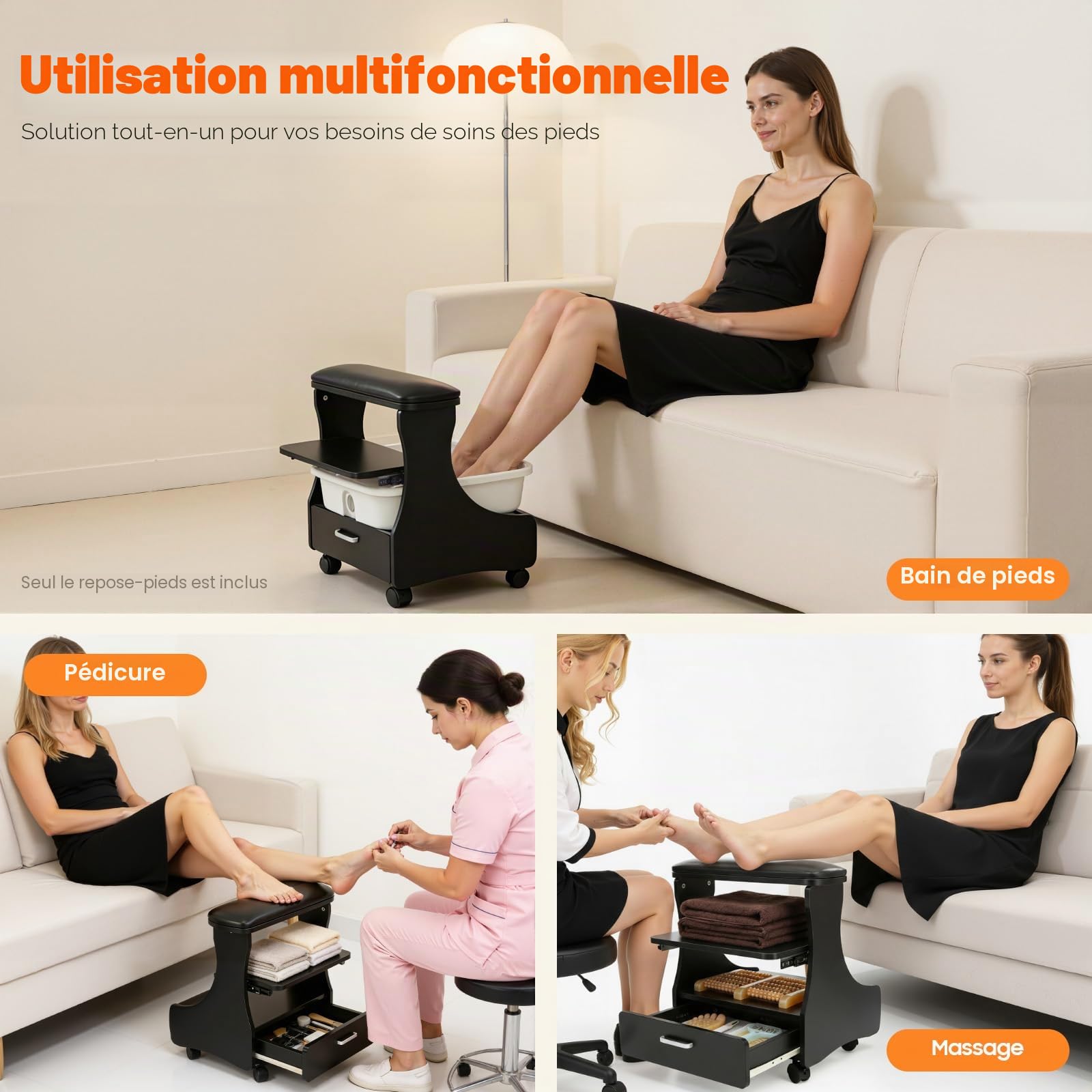 Tabouret de pédicure, repose-pied avec roues, repose-jambes pour soin des ongles, repose-pieds idéal pour salon de beauté des ongles (noir)