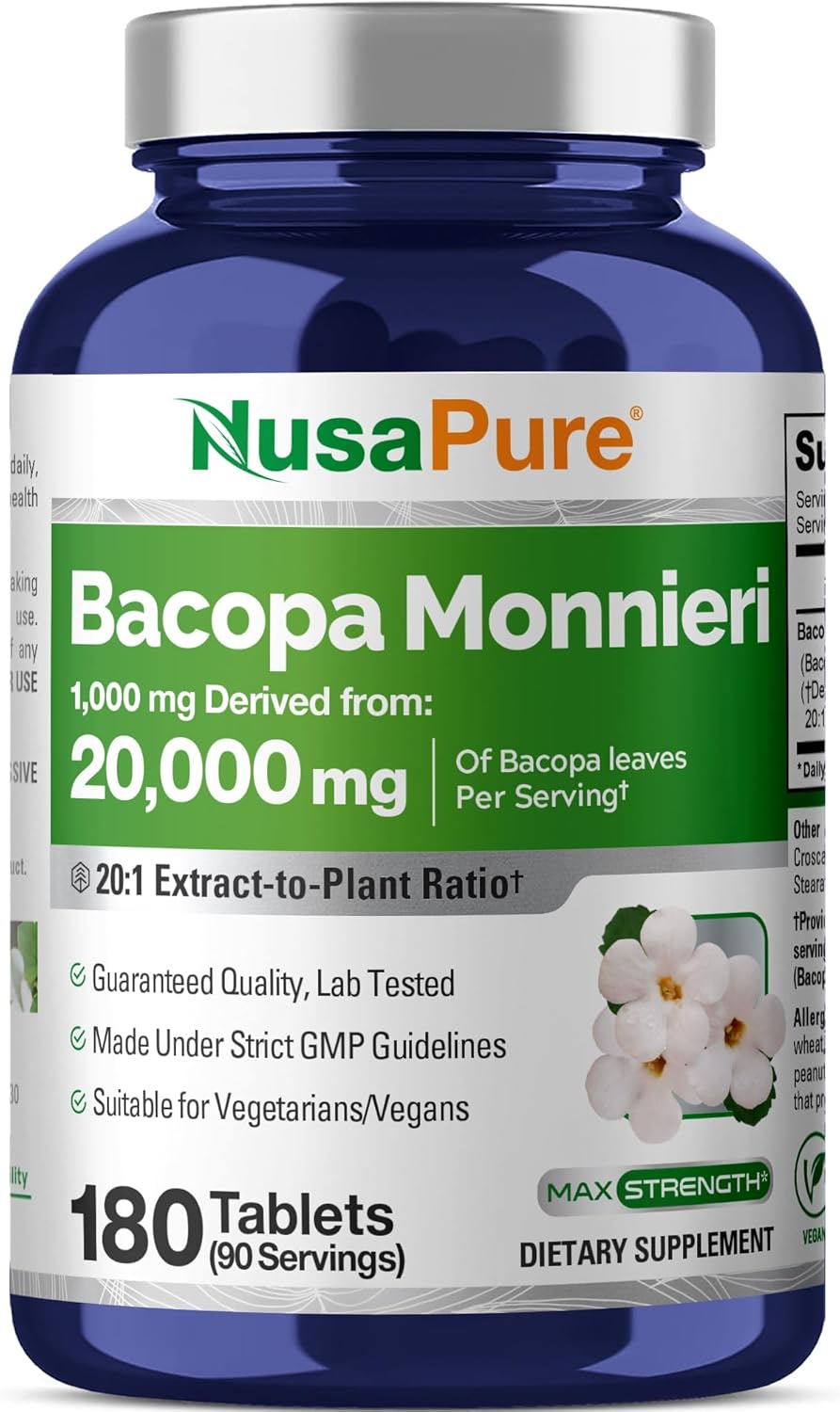 NusaPure Bacopa Leaf Monnieri Extract 20,000 mg 180 Tablets (Extract 20:1, Non-GMO, Gluten Free & Vegan)