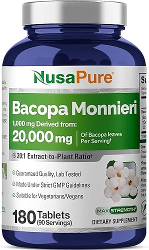 NusaPure Bacopa Leaf Monnieri Extract 20,000 mg 180 Tabletas (Extracto 20:1, Sin OGM, Sin Gluten)