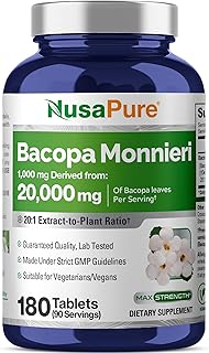 Bacopa Leaf Monnieri Extract 20,000 mg 180 Tablets (Extract 20:1, Non-GMO, Gluten Free)