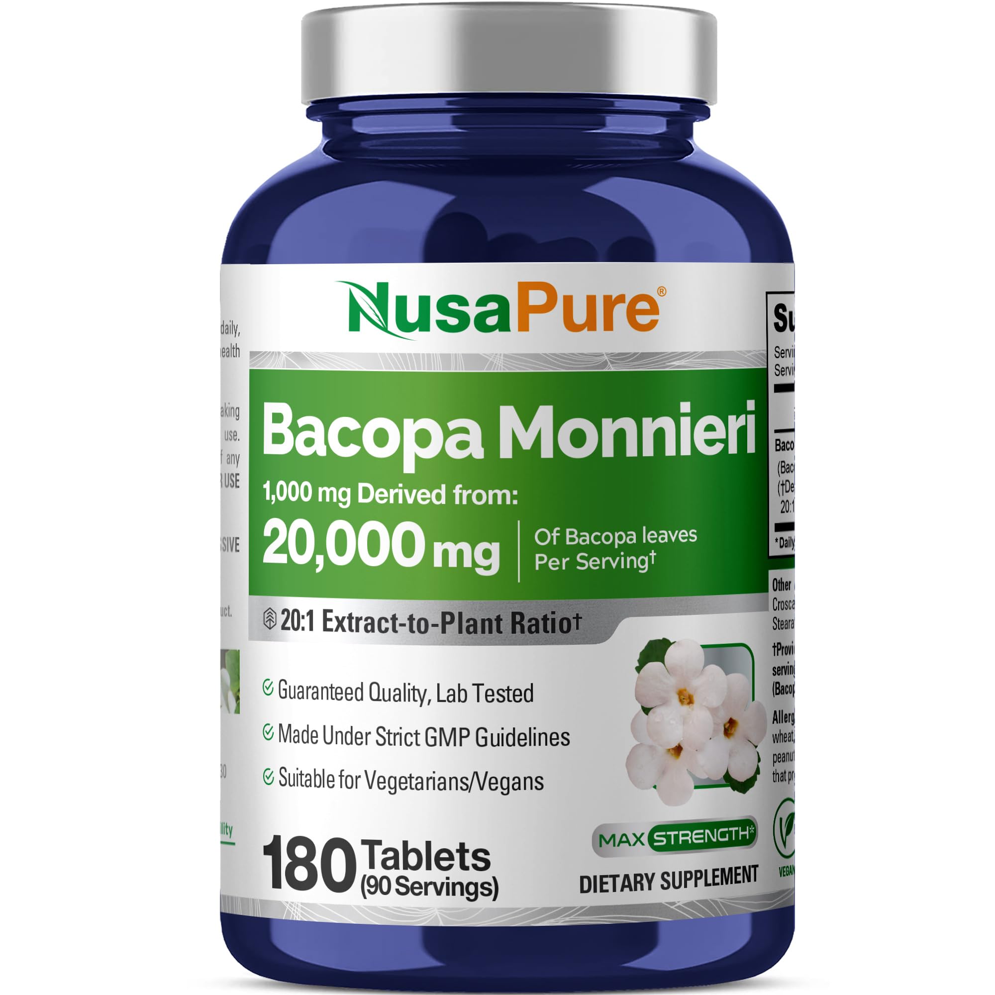 Bacopa Leaf Monnieri Extract 20,000 mg 180 Tablets (Extract 20:1, Non-GMO, Gluten Free)