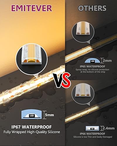 Miniatura 2 de EMITEVER COB - Tira de luces LED impermeable IP67, 2700 K, blanco cálido, para exteriores, 24 V, cinta LED de silicona regulable, iluminación de