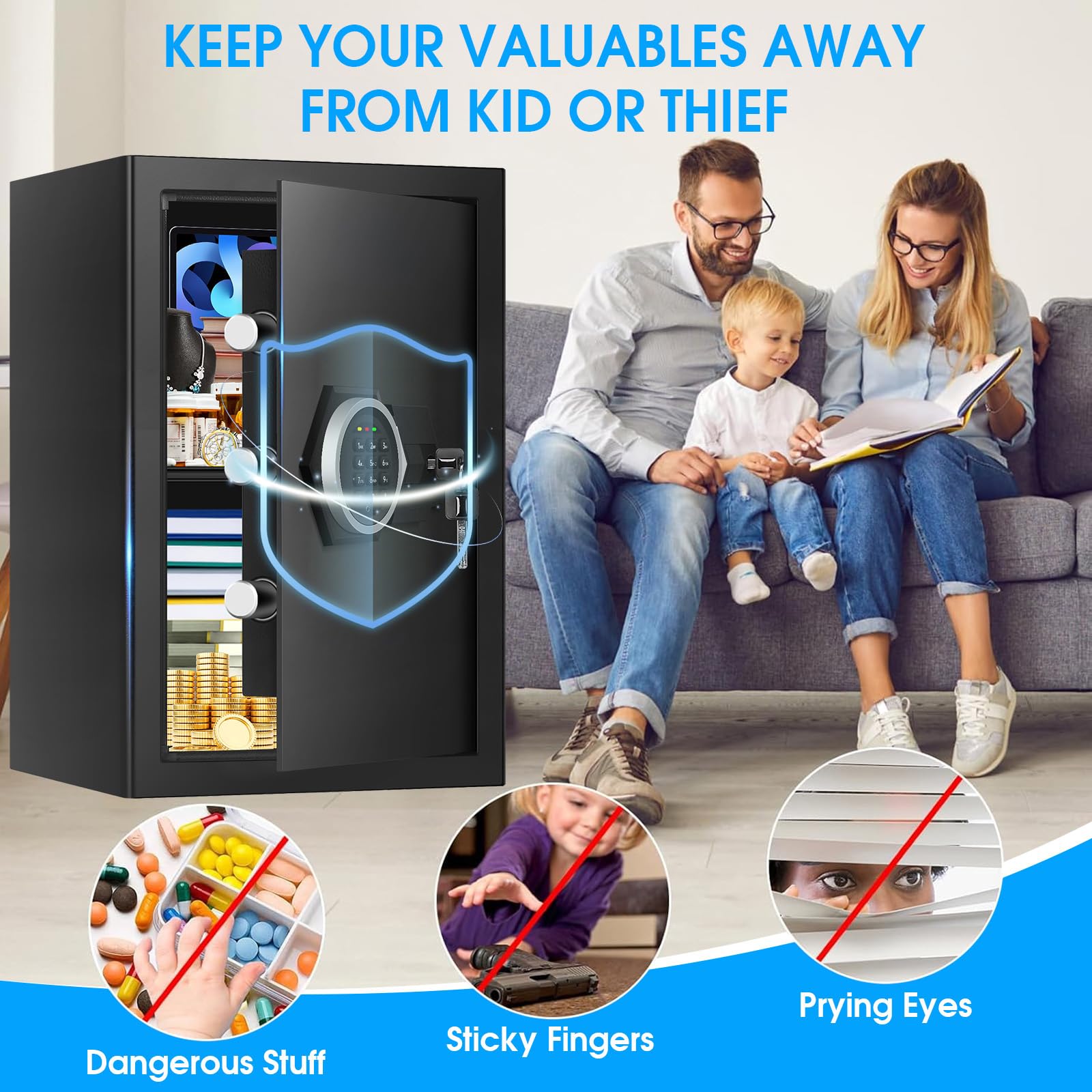 Große Home Safes Wasser- und Feuerfest mit digitaler Tastatur & Schlüsselschloss, Sicherheitssafe für Zuhause mit DIY abnehmbarem Regal, Anti-Pry Safe Box für Gelddokumente