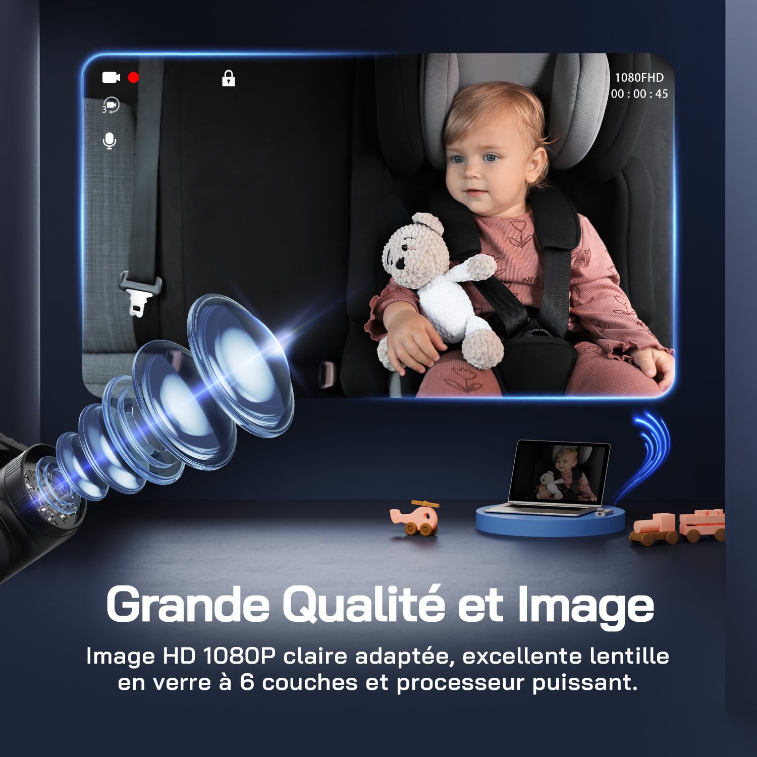 WOLFANG Miroir Voiture Bébé HD 1080P Retroviseur Voiture Bebe, USB-C Plug and Play Installation facile, moniteur pour bébé avec écran de 5 pouces et caméra de vision nocturne